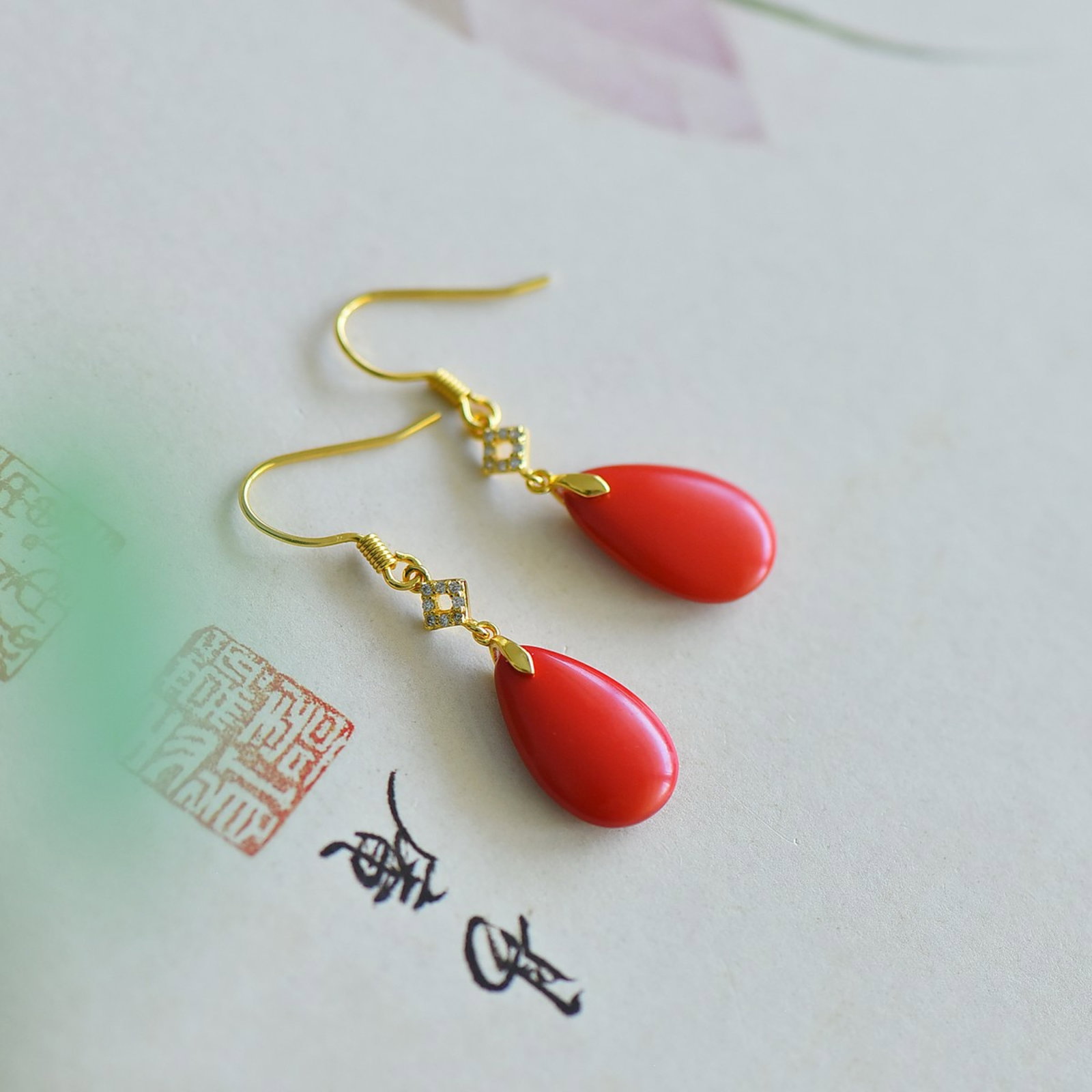 A Pair of Exquisite Sterling Silver-Gold Plated Inlaid Cinnabar Earrings - 3