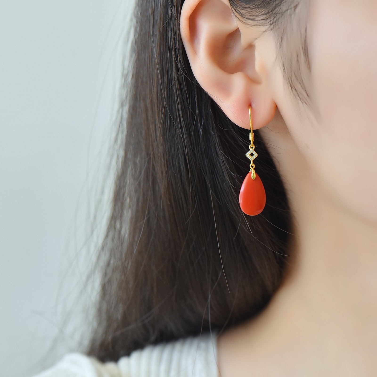A Pair of Exquisite Sterling Silver-Gold Plated Inlaid Cinnabar Earrings - 6