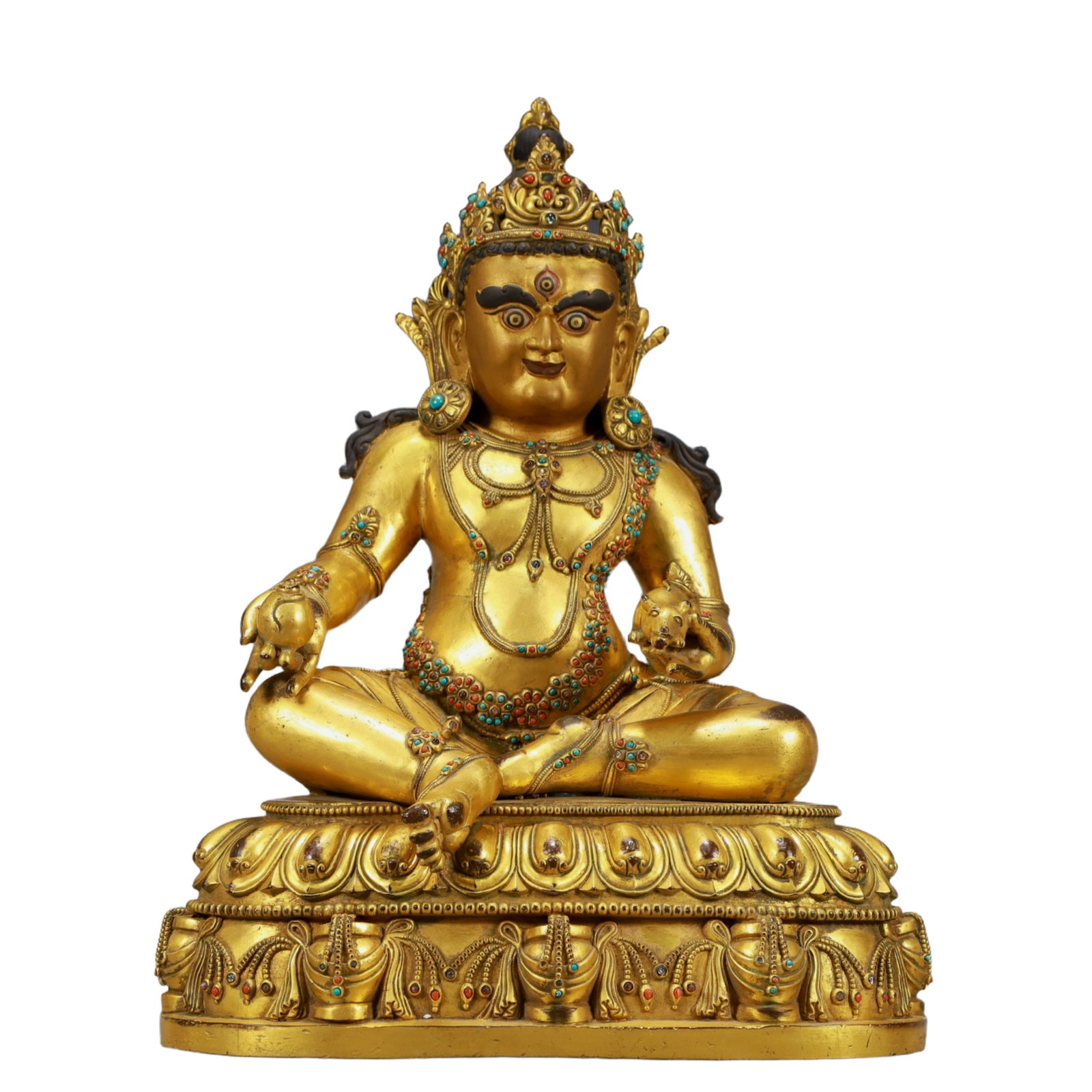 A Solemn Gilt Bronze Statue of Mammon,Inlaid Turquoise: Estimated Value:16000-32000 A Solemn Gilt Bronze Statue of Mammon,Inlaid Turquoise,Ming Dynasty, China,Size:12.2inx8.3inx15.7in,Weight:12800g
