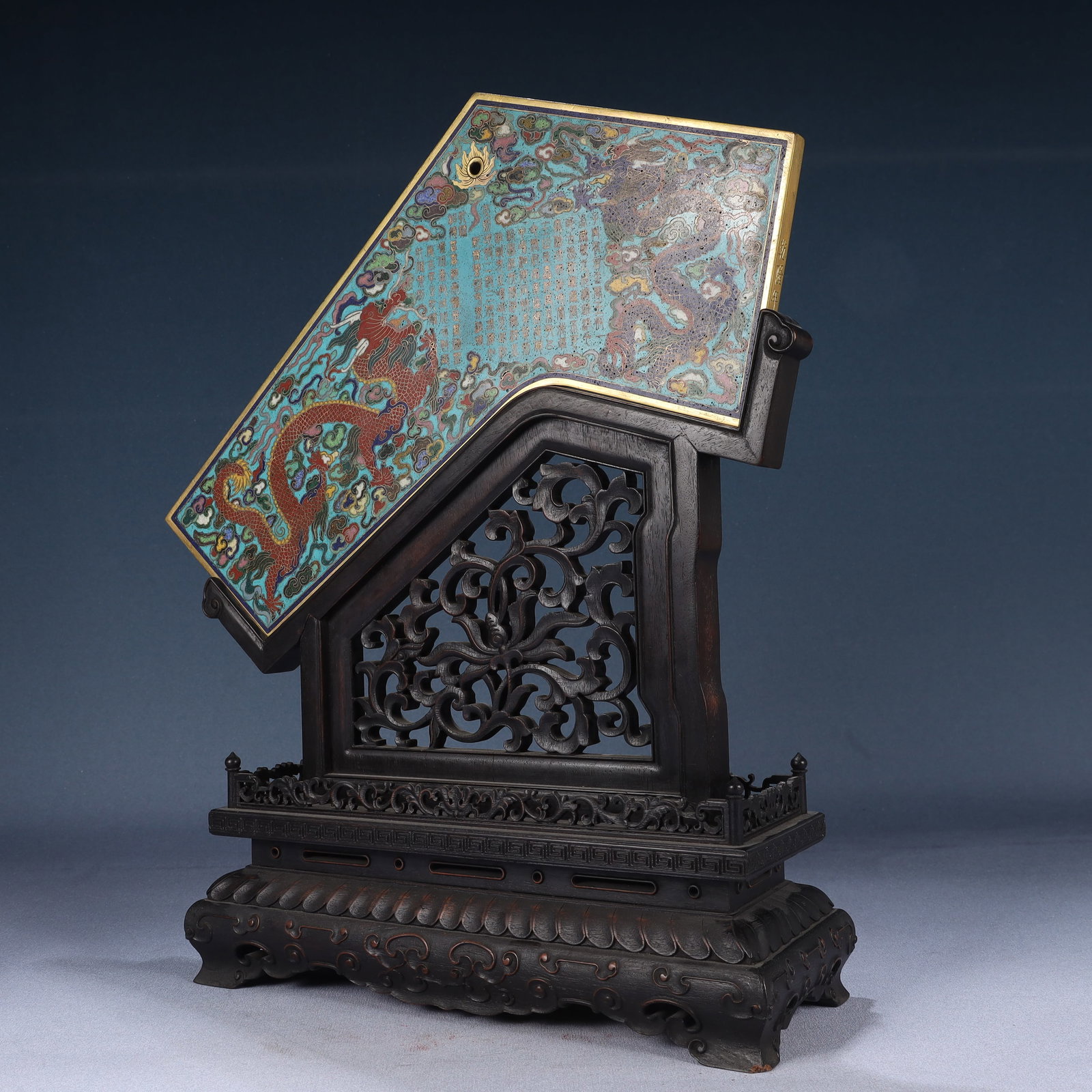 A Huge Zitanwood Inlaid Cloisonne Auspicious Cloud and Dragon Pattern Table Screen,With Poem - 4