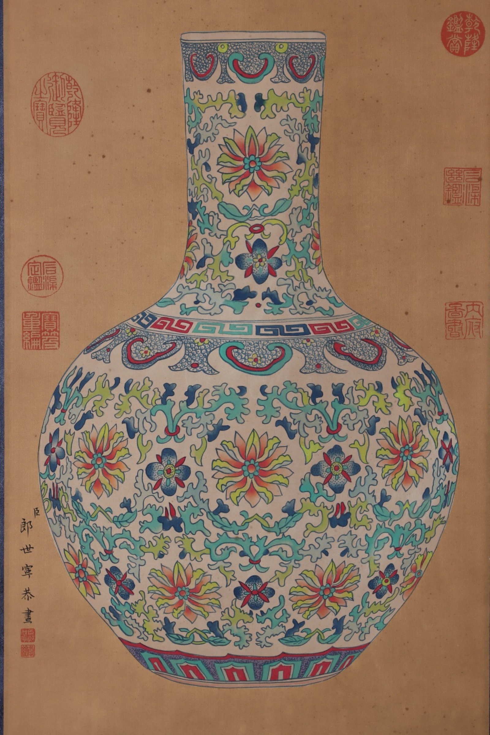 A Rare Blue and White Famille-Rose Flower Pattern Vase,With Vertical Scroll Painting on Silk - 7
