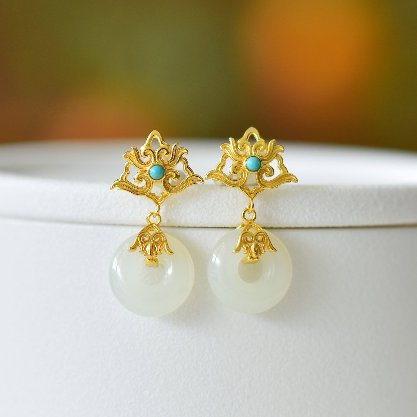 A Pair of Exquisite Sterling Silver-Gold Plated Inlaid White Jade Earrings,Inlaid Turquoise - 2