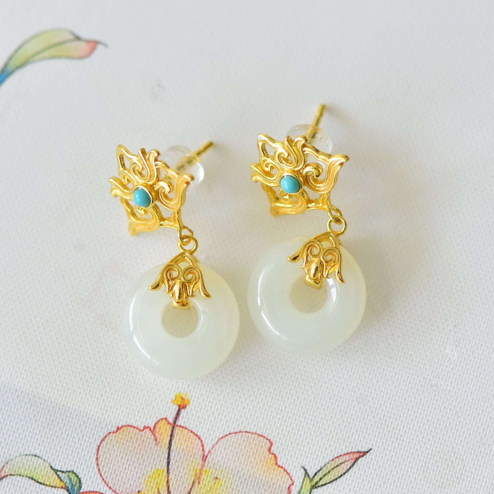 A Pair of Exquisite Sterling Silver-Gold Plated Inlaid White Jade Earrings,Inlaid Turquoise - 3