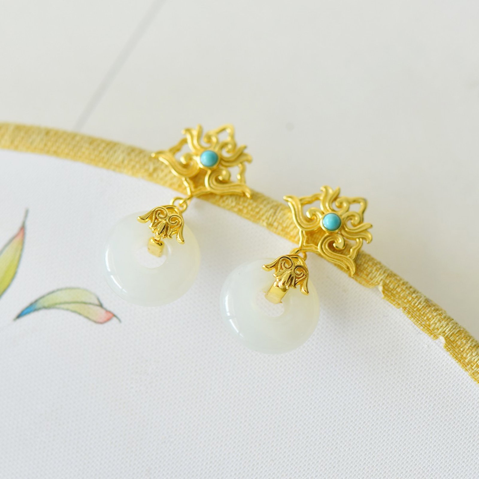 A Pair of Exquisite Sterling Silver-Gold Plated Inlaid White Jade Earrings,Inlaid Turquoise - 4