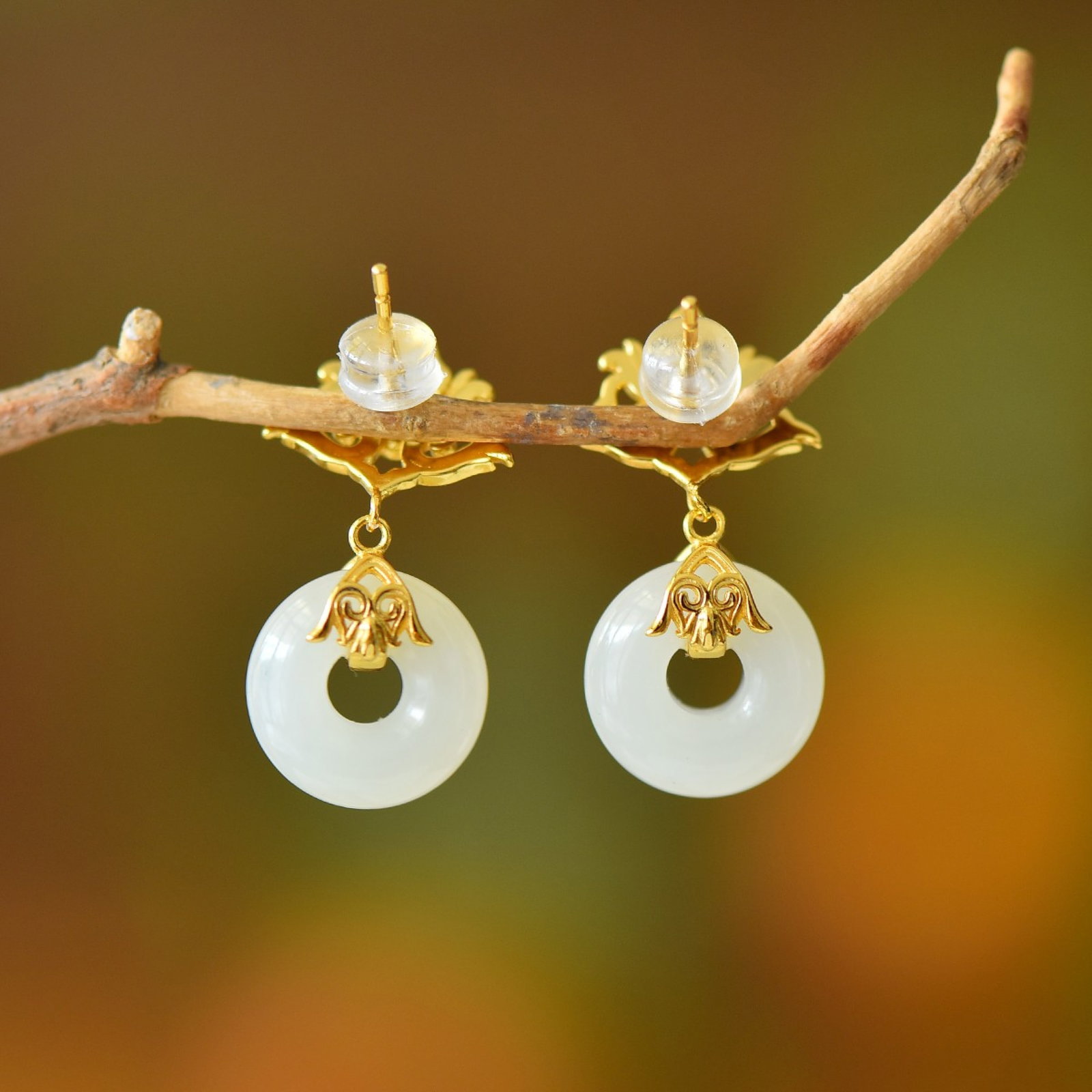 A Pair of Exquisite Sterling Silver-Gold Plated Inlaid White Jade Earrings,Inlaid Turquoise - 5