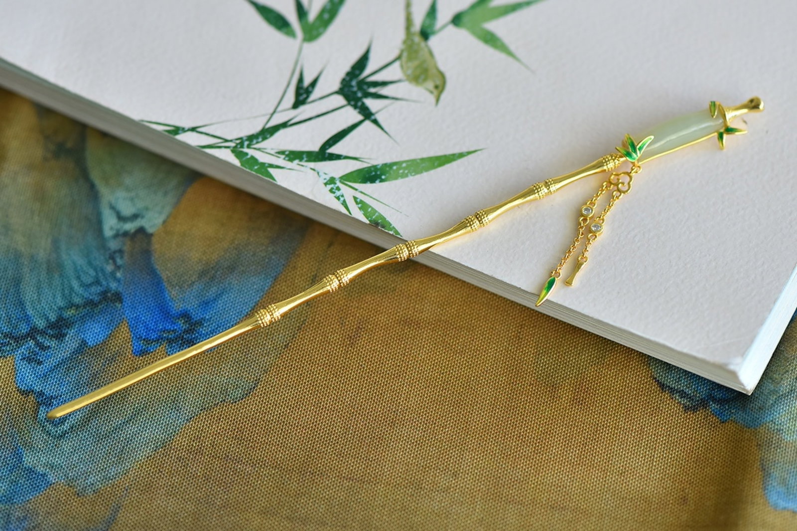 An Exquisite Sterling Silver-Gold Plated Inlaid White Jade Enamel Hairpin - 2