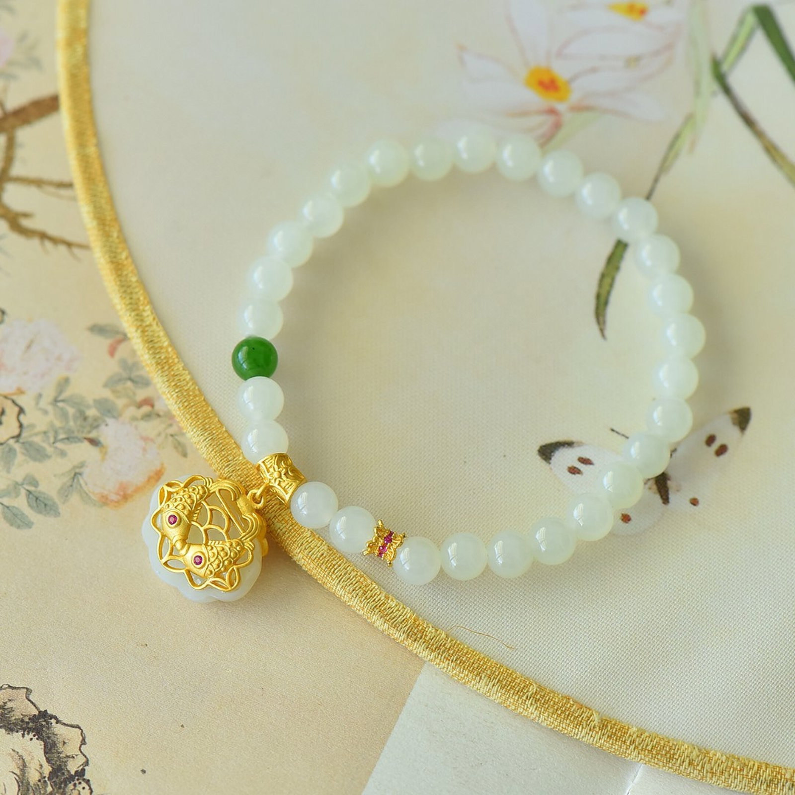 An Exquisite Sterling Silver-Gold Plated Inlaid White Jade Bracelet - 2