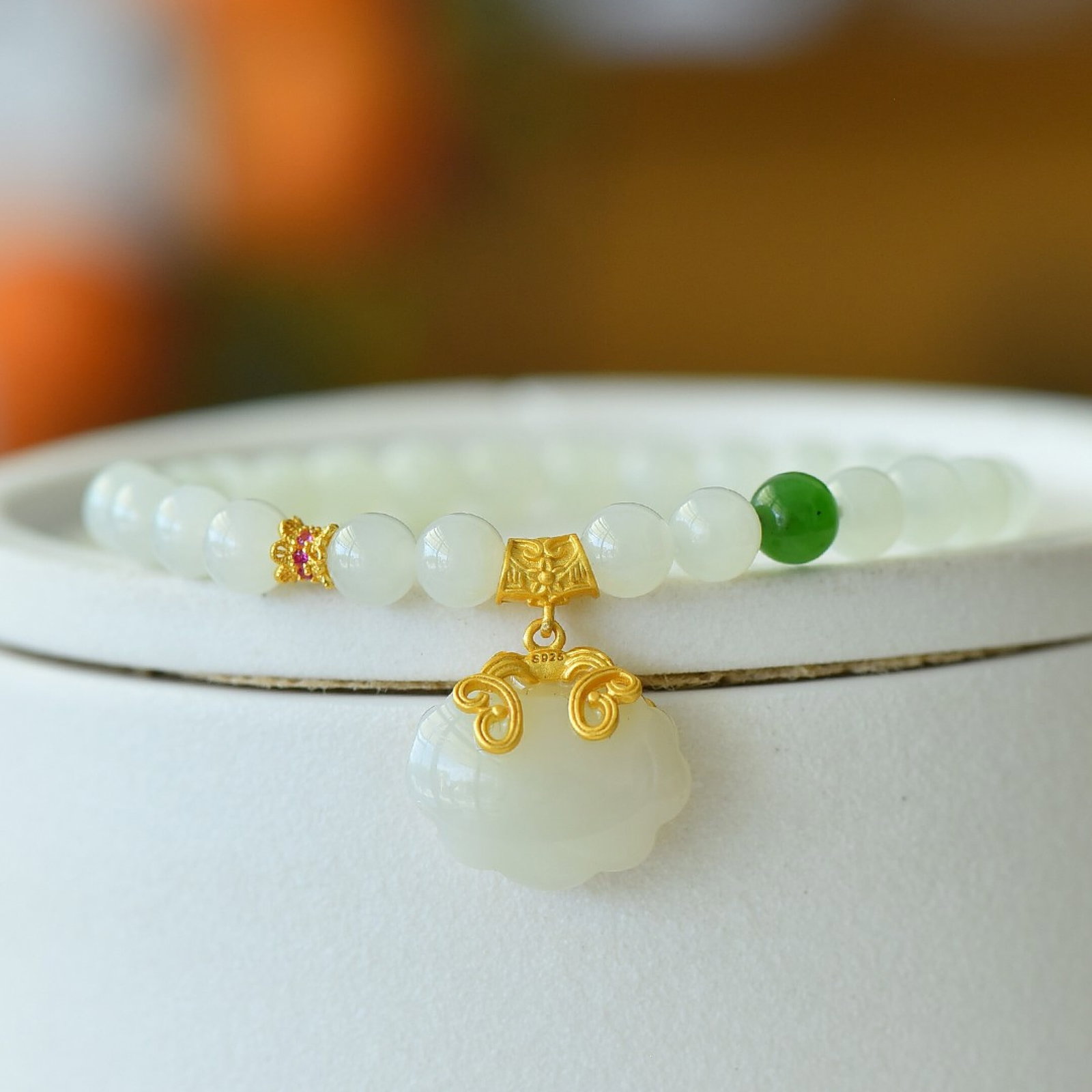 An Exquisite Sterling Silver-Gold Plated Inlaid White Jade Bracelet - 3