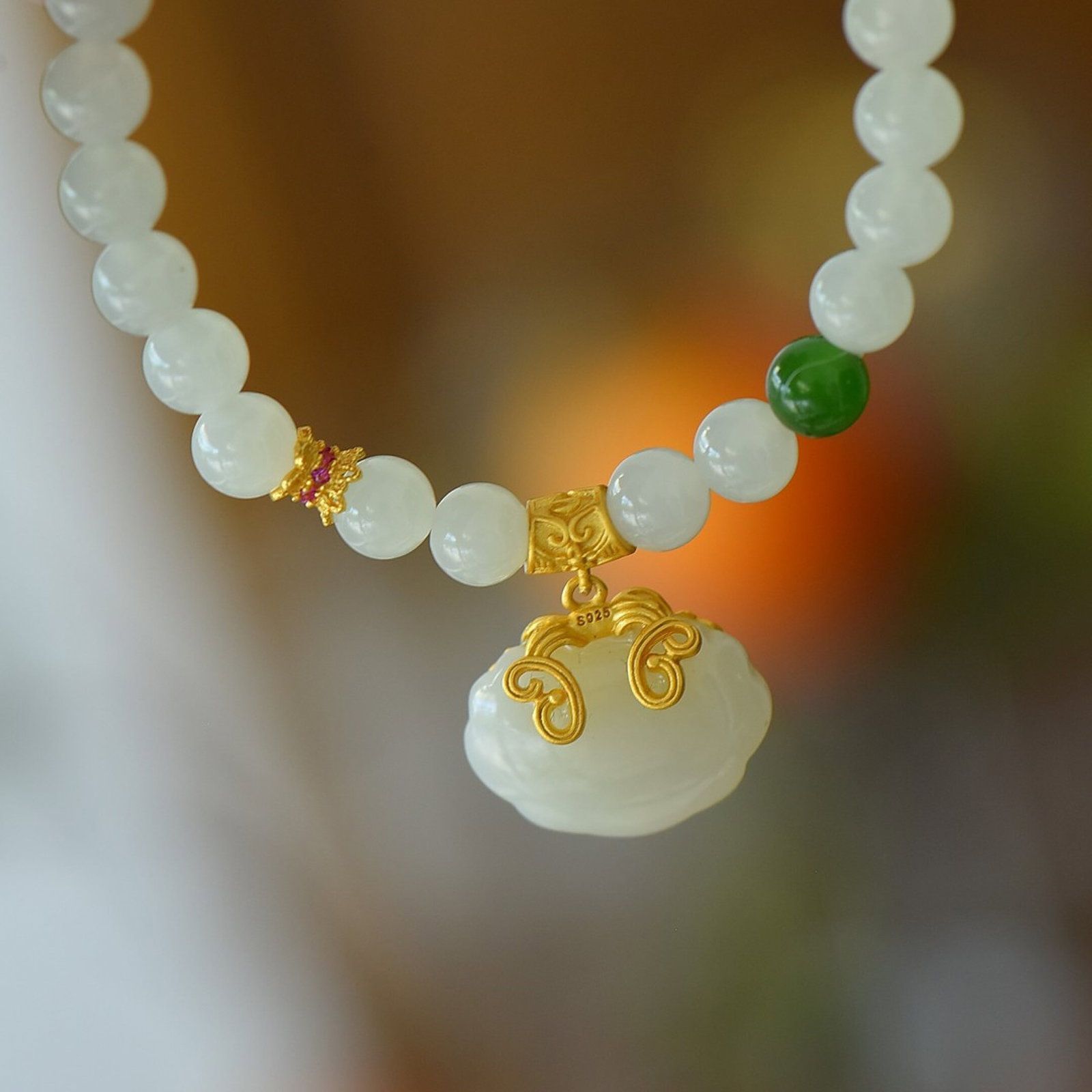 An Exquisite Sterling Silver-Gold Plated Inlaid White Jade Bracelet - 4