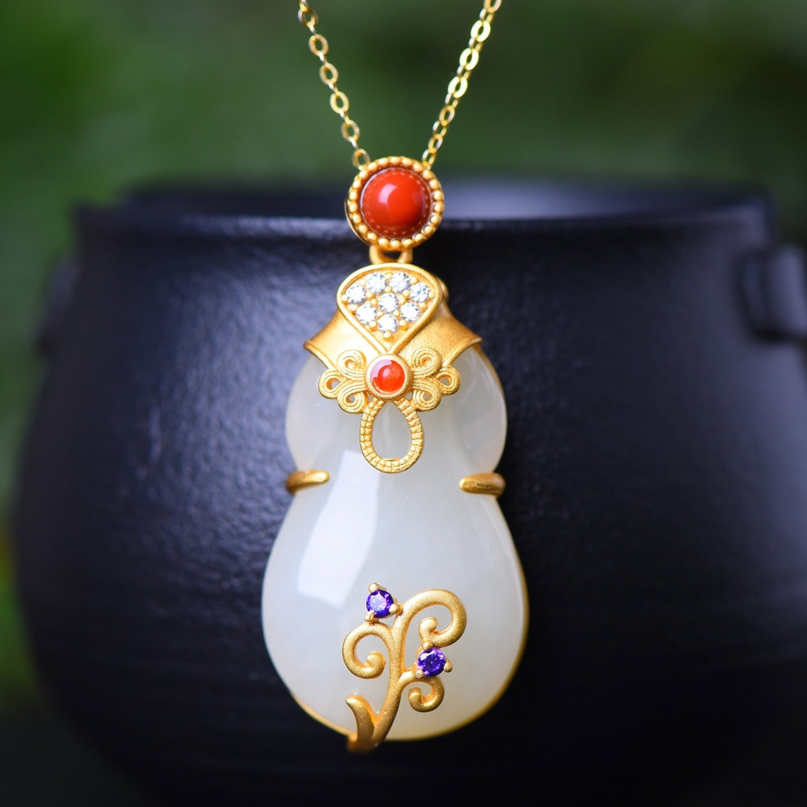 An Exquisite Sterling Silver-Gold Plated Inlaid White Jade Pendant,Inlaid Diamond - 2