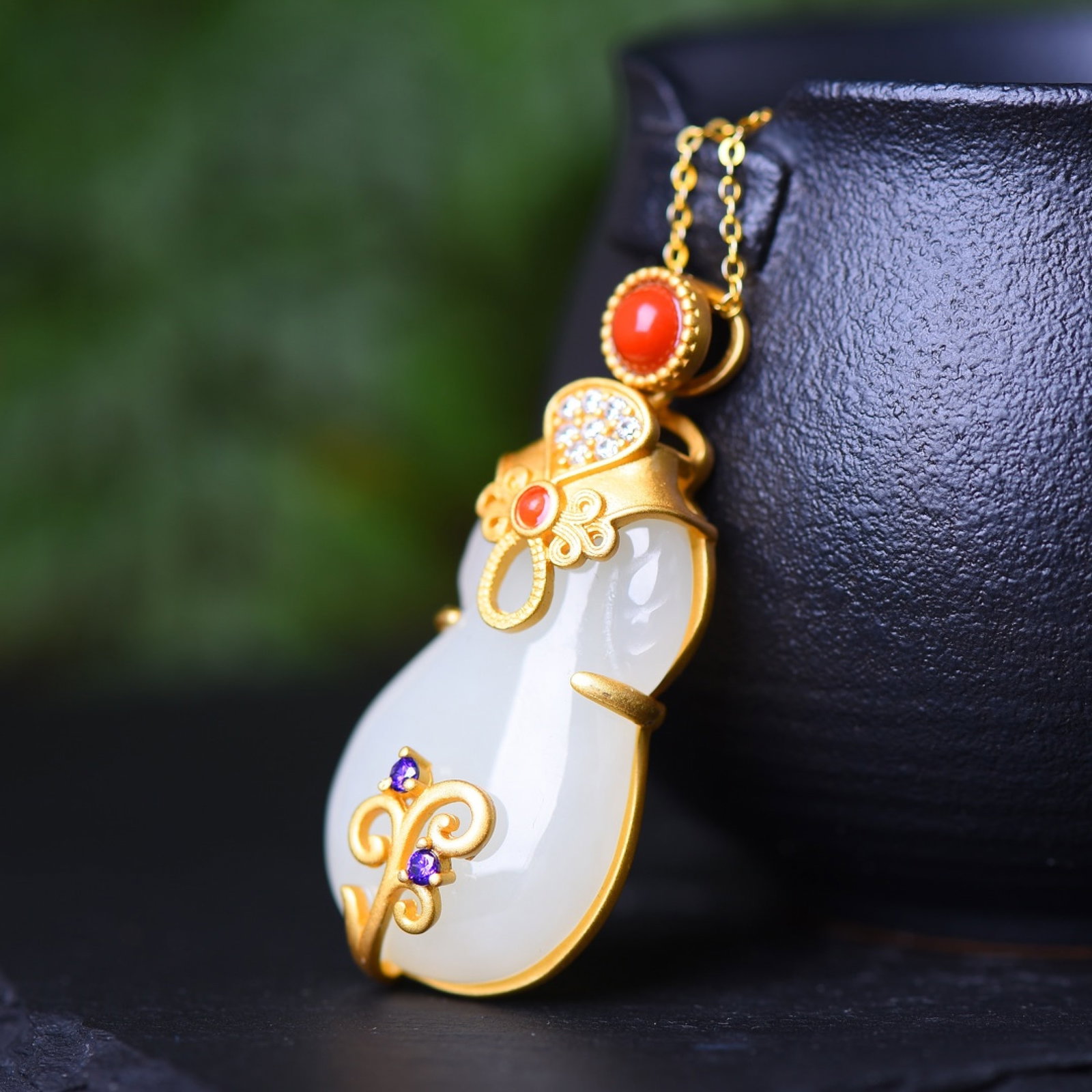An Exquisite Sterling Silver-Gold Plated Inlaid White Jade Pendant,Inlaid Diamond - 3