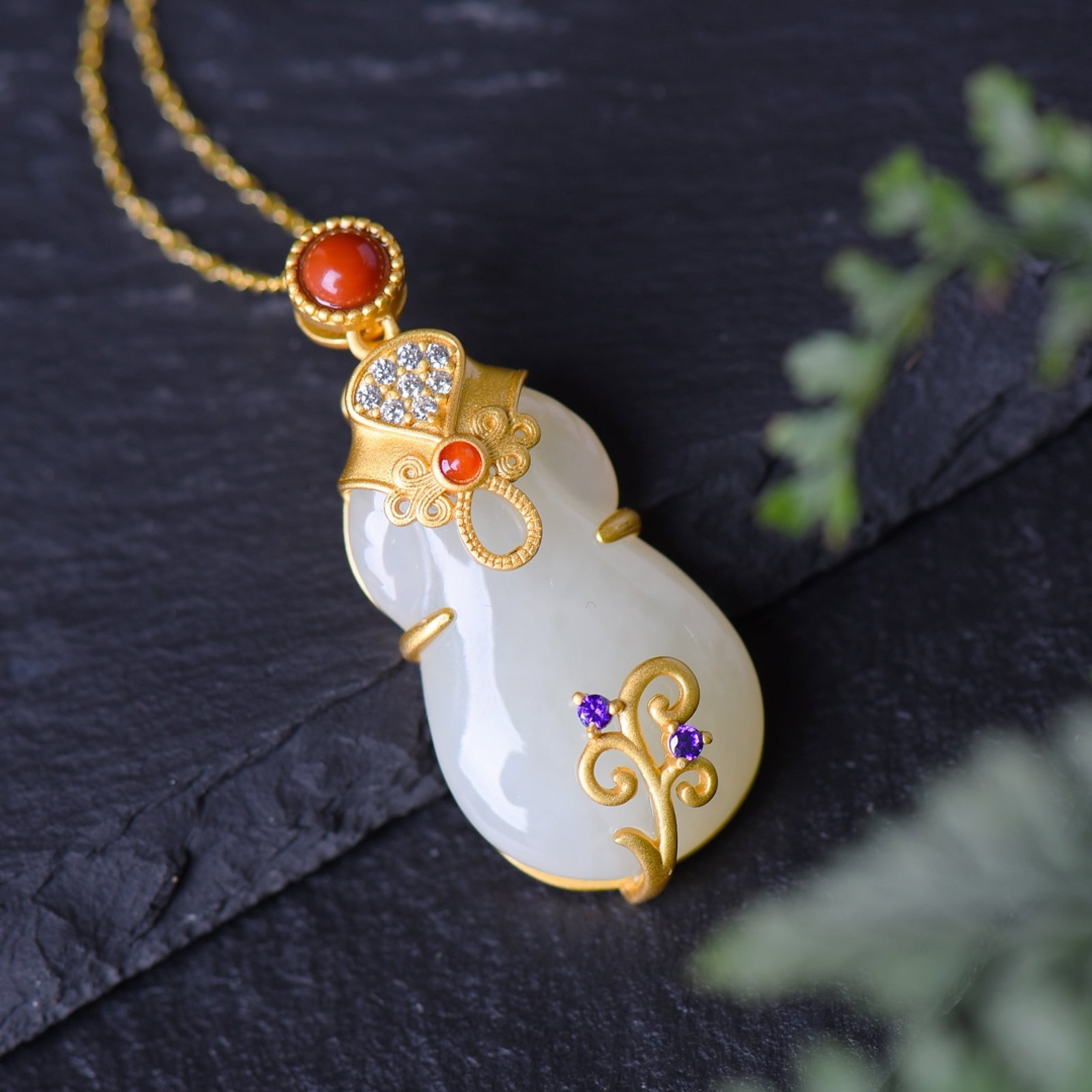 An Exquisite Sterling Silver-Gold Plated Inlaid White Jade Pendant,Inlaid Diamond - 4