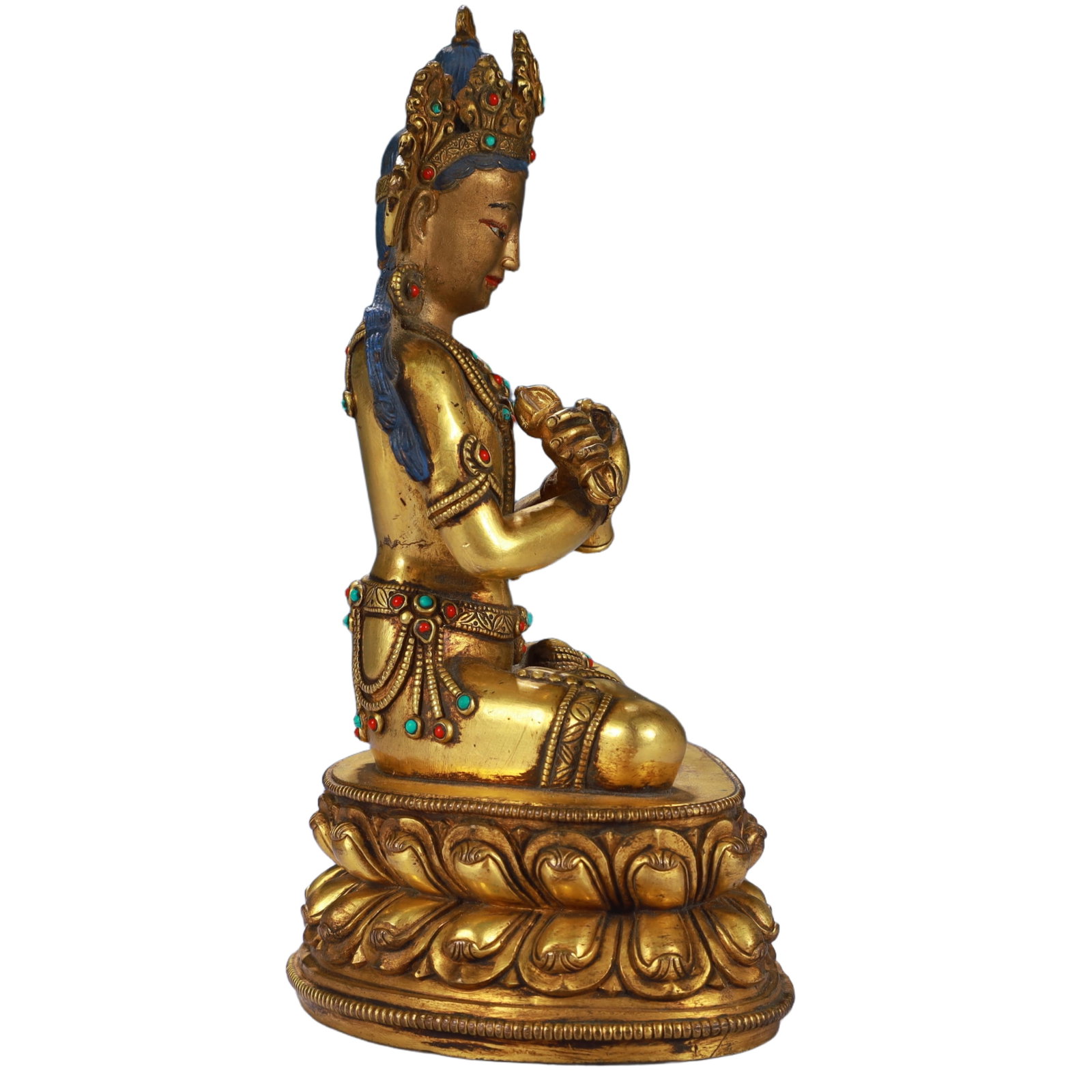 A Solemn Gilt Bronze Statue of Amitayus,Inlaid Gems and Turquoise - 8