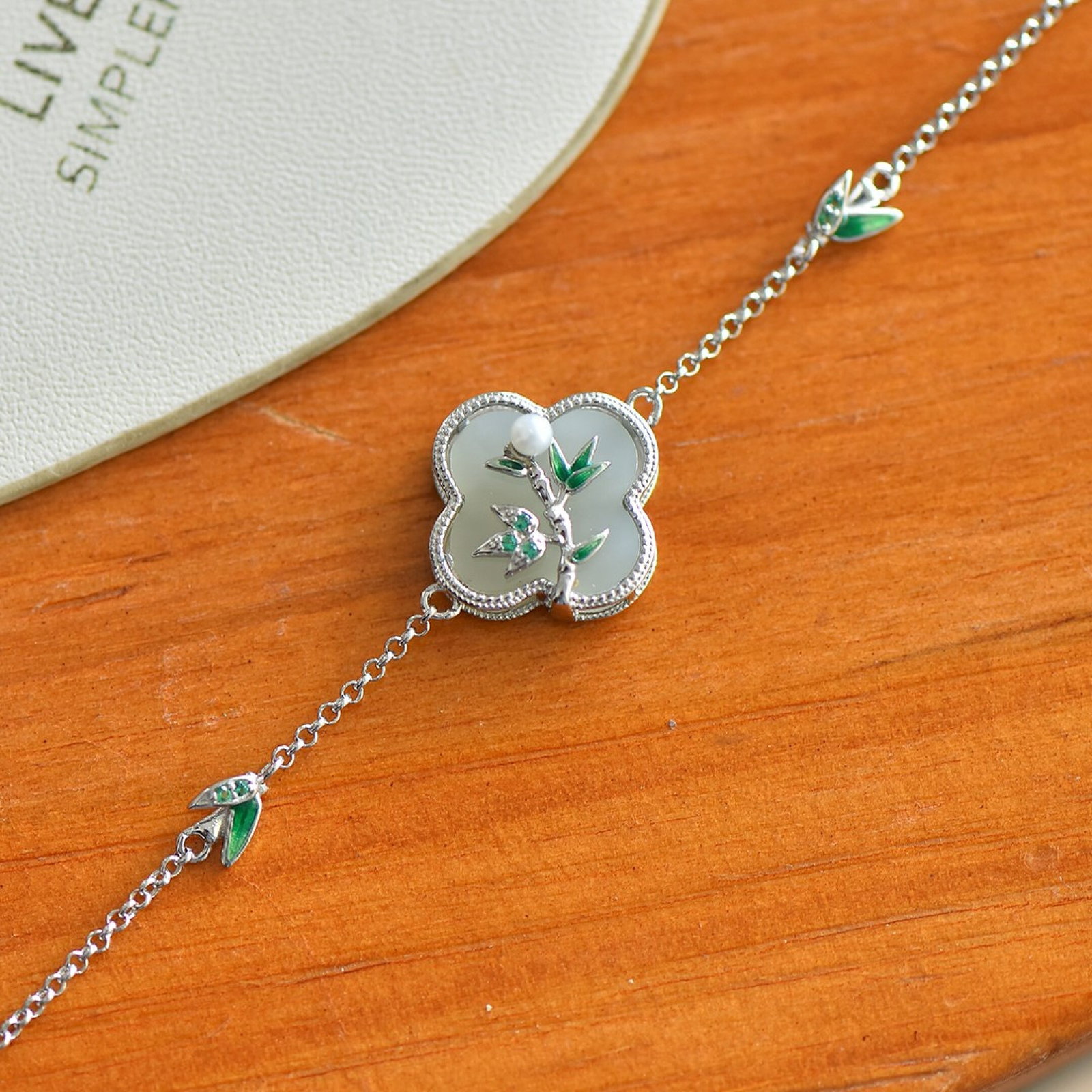 An Exquisite Sterling Silver Inlaid White Jade Enamel Bracelet,Inlaid Diamonds - 2
