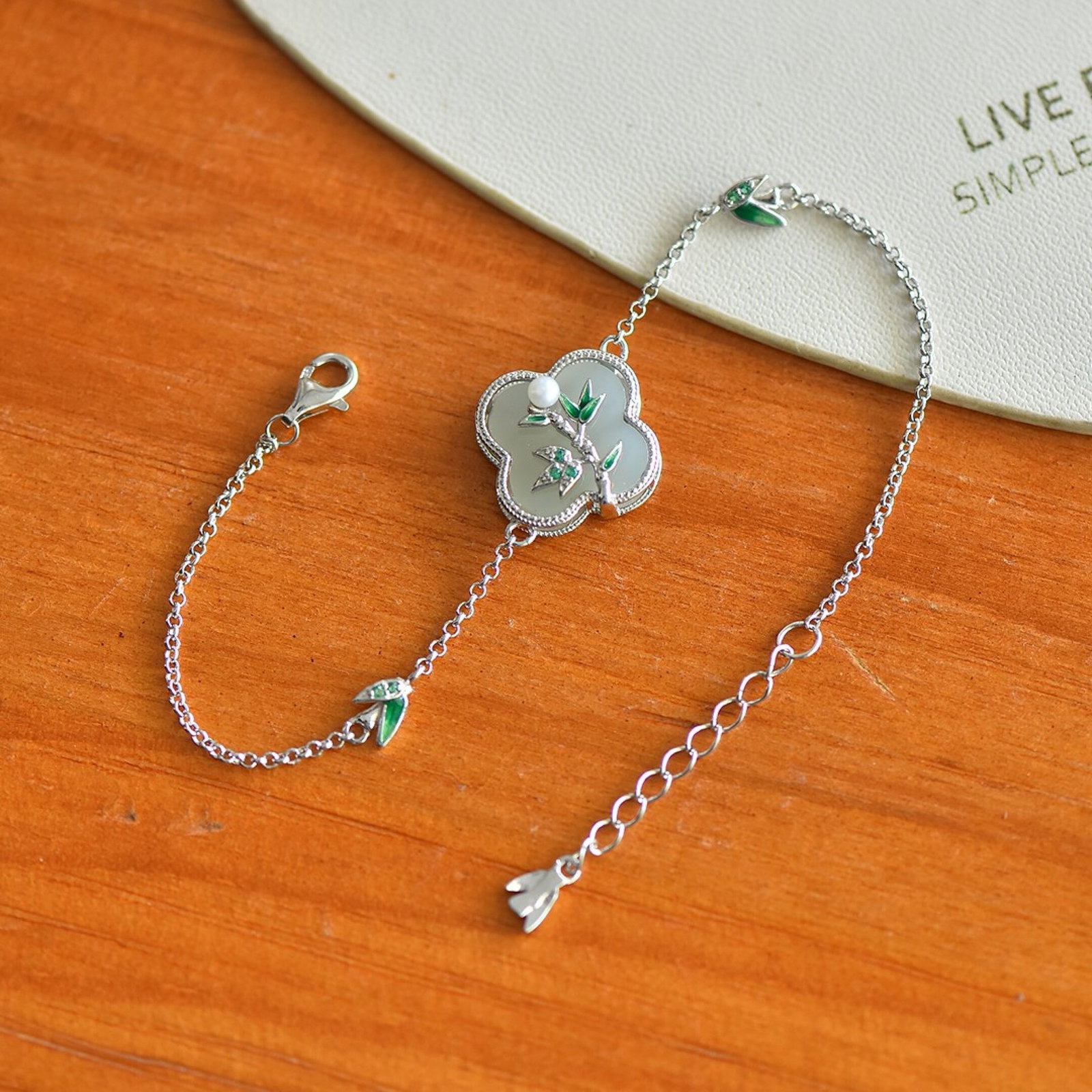 An Exquisite Sterling Silver Inlaid White Jade Enamel Bracelet,Inlaid Diamonds - 3