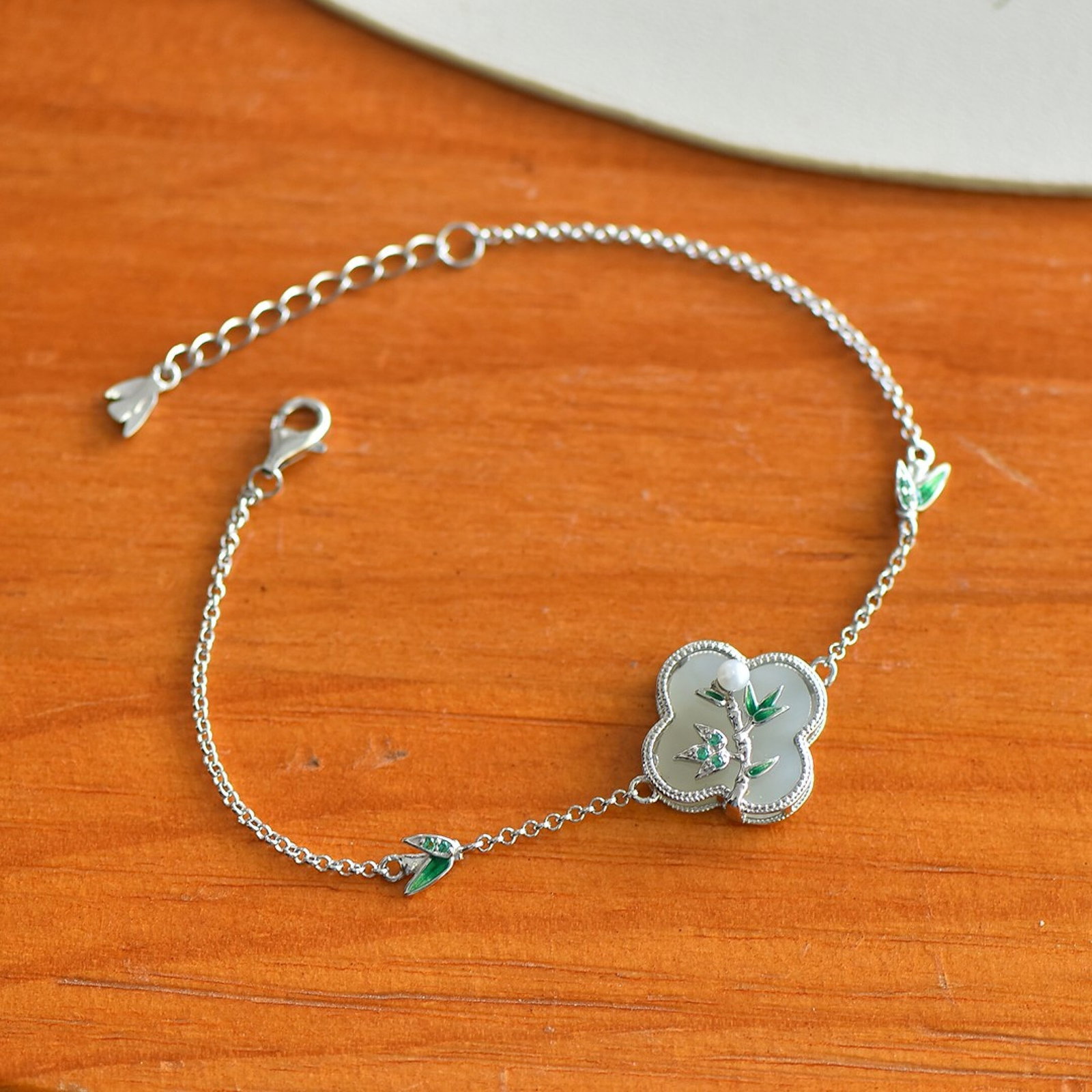 An Exquisite Sterling Silver Inlaid White Jade Enamel Bracelet,Inlaid Diamonds - 4