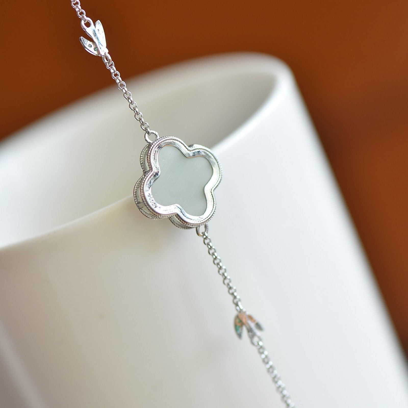 An Exquisite Sterling Silver Inlaid White Jade Enamel Bracelet,Inlaid Diamonds - 5