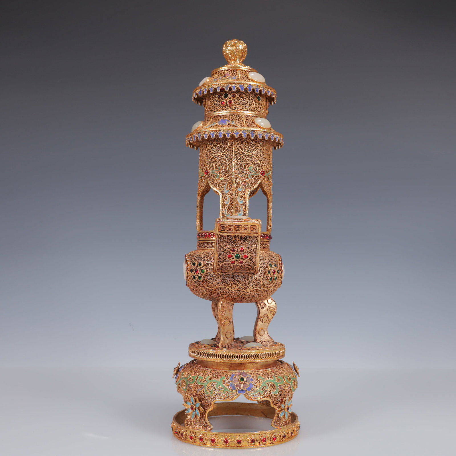 An Exquisite Filigree and Gilding Inlaid White Jade Double-Ears and Tripod Censer,Inlaid Gems - 10