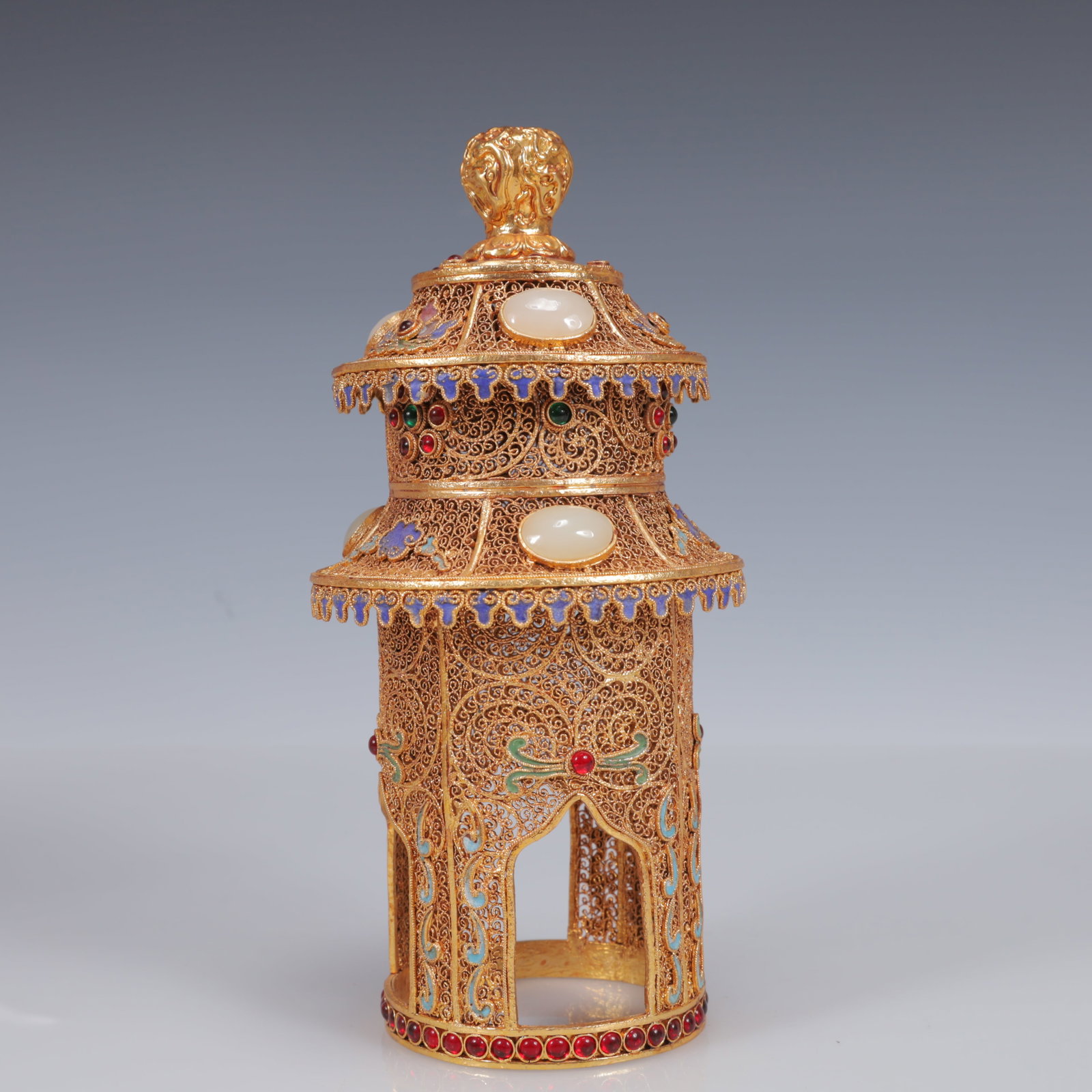An Exquisite Filigree and Gilding Inlaid White Jade Double-Ears and Tripod Censer,Inlaid Gems - 11