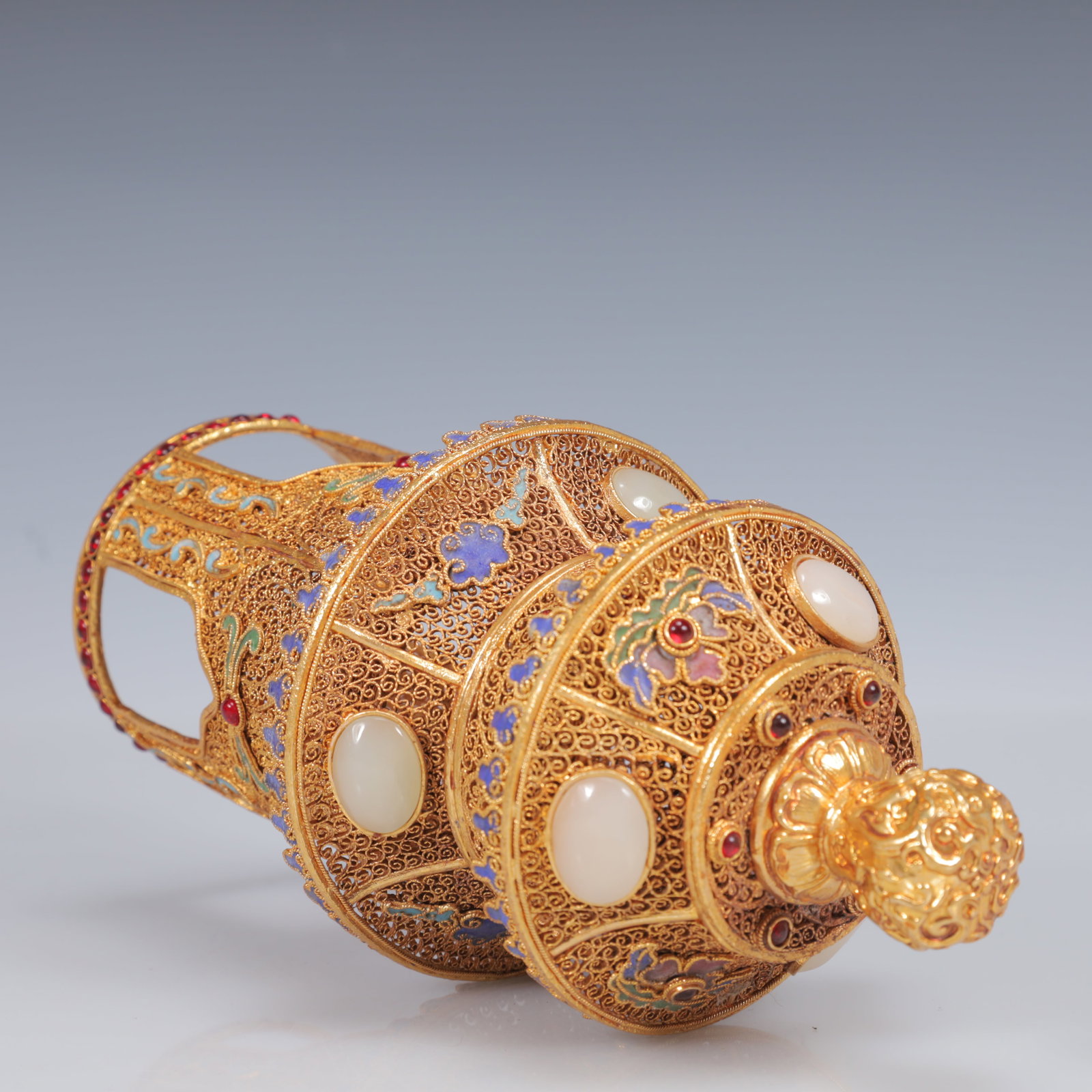 An Exquisite Filigree and Gilding Inlaid White Jade Double-Ears and Tripod Censer,Inlaid Gems - 12