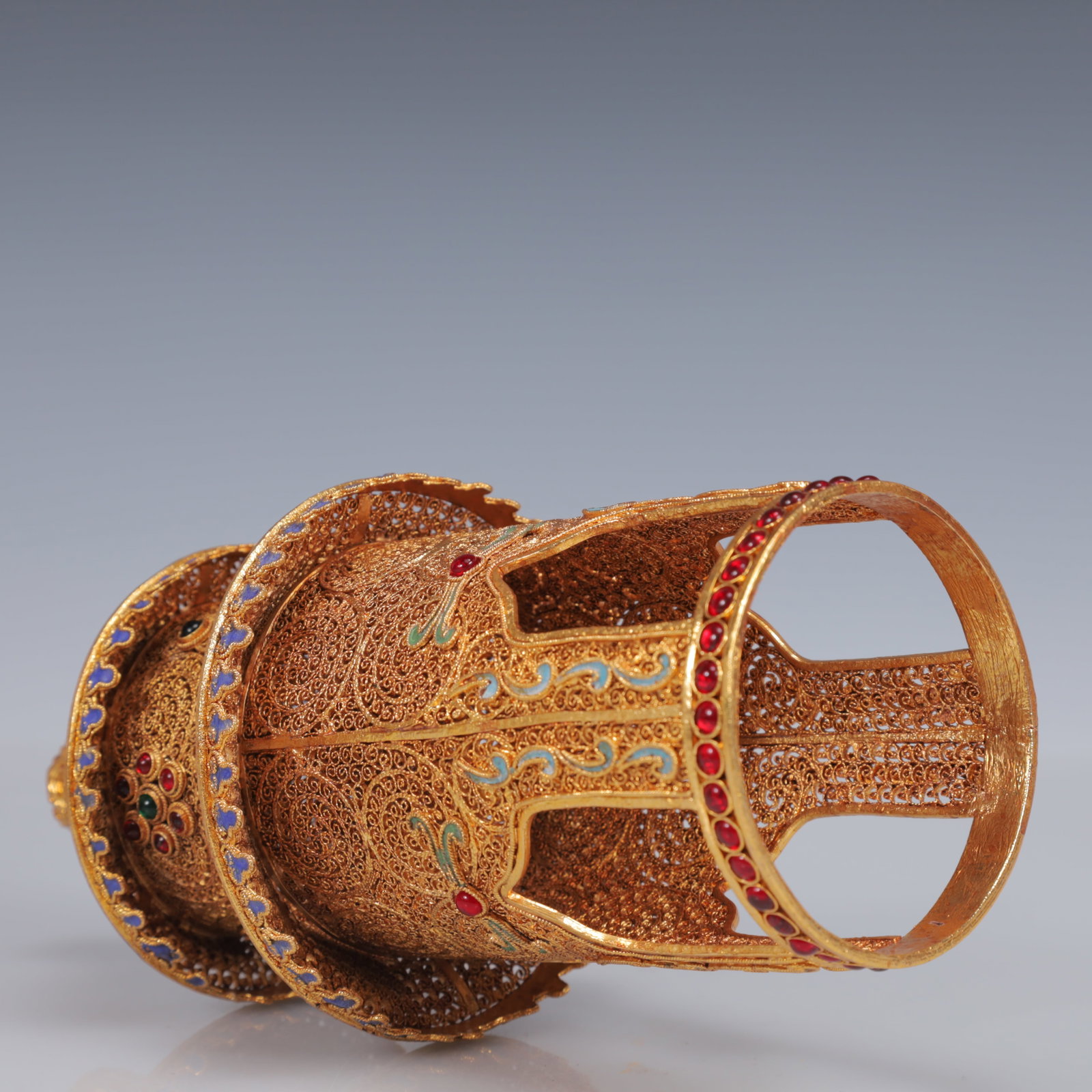 An Exquisite Filigree and Gilding Inlaid White Jade Double-Ears and Tripod Censer,Inlaid Gems - 13