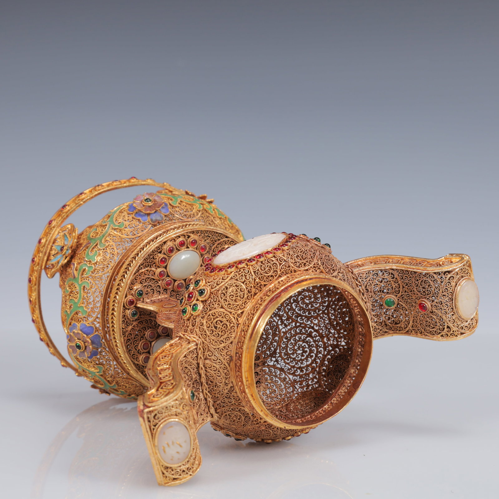 An Exquisite Filigree and Gilding Inlaid White Jade Double-Ears and Tripod Censer,Inlaid Gems - 14