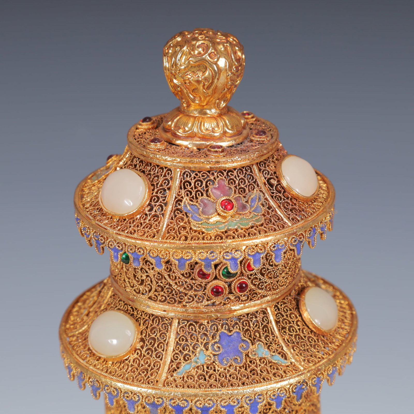 An Exquisite Filigree and Gilding Inlaid White Jade Double-Ears and Tripod Censer,Inlaid Gems - 2