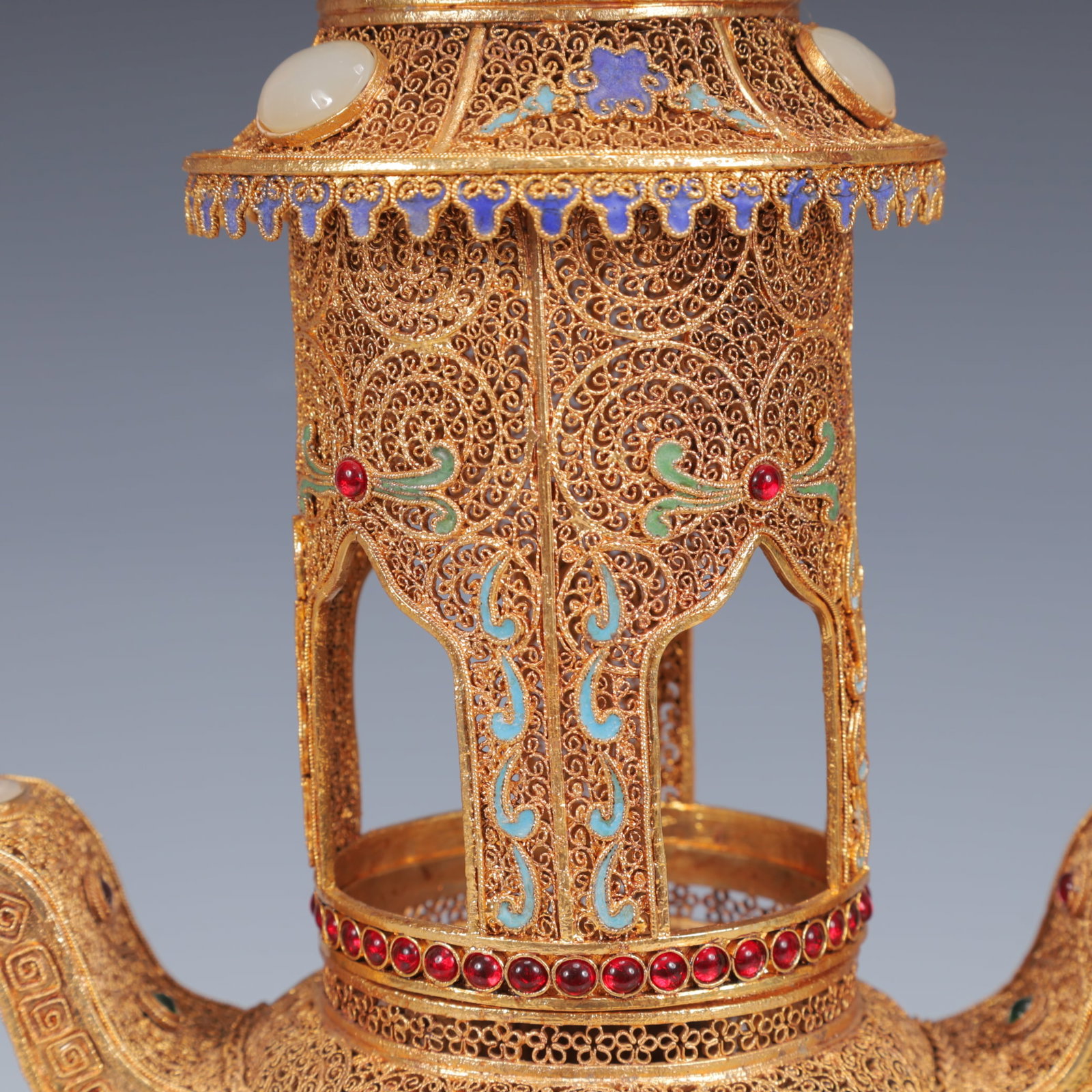 An Exquisite Filigree and Gilding Inlaid White Jade Double-Ears and Tripod Censer,Inlaid Gems - 3