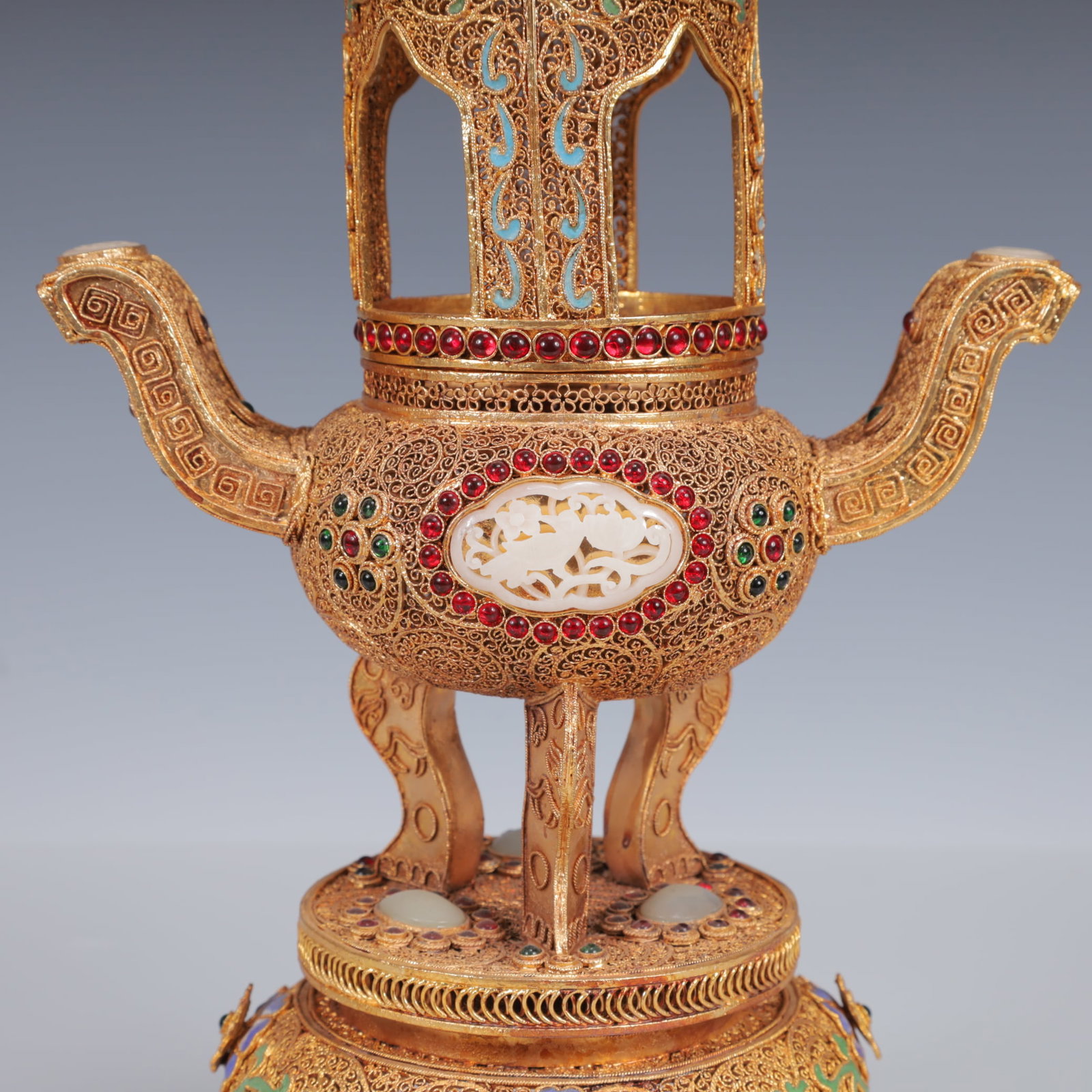 An Exquisite Filigree and Gilding Inlaid White Jade Double-Ears and Tripod Censer,Inlaid Gems - 4