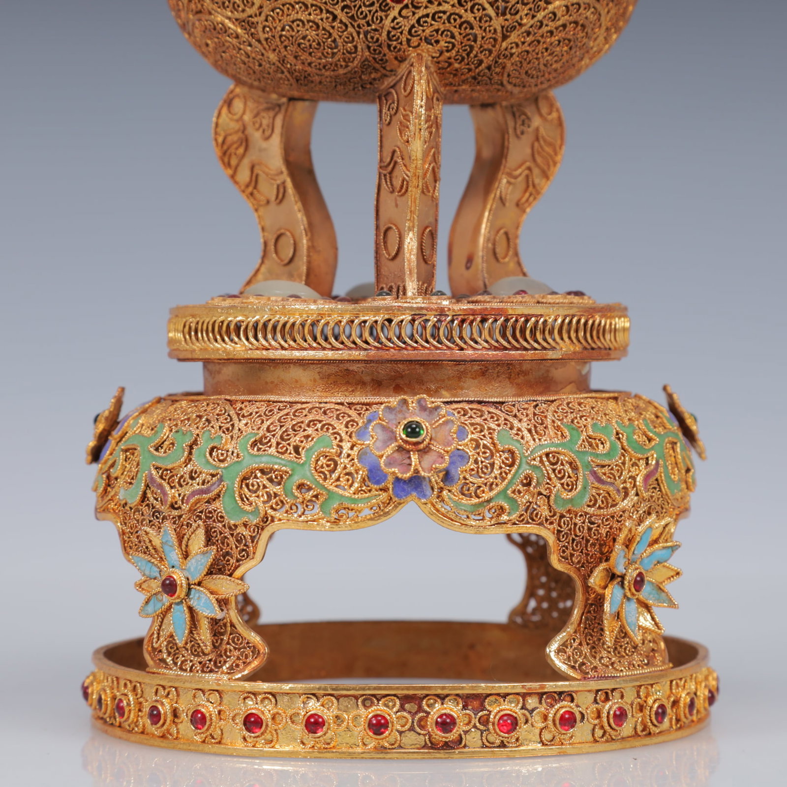 An Exquisite Filigree and Gilding Inlaid White Jade Double-Ears and Tripod Censer,Inlaid Gems - 5