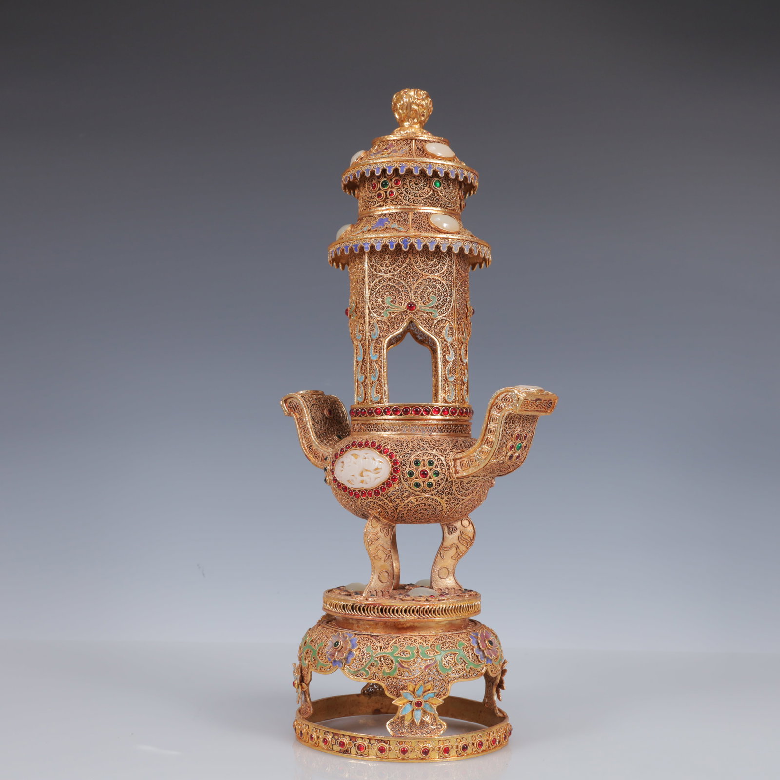An Exquisite Filigree and Gilding Inlaid White Jade Double-Ears and Tripod Censer,Inlaid Gems - 6