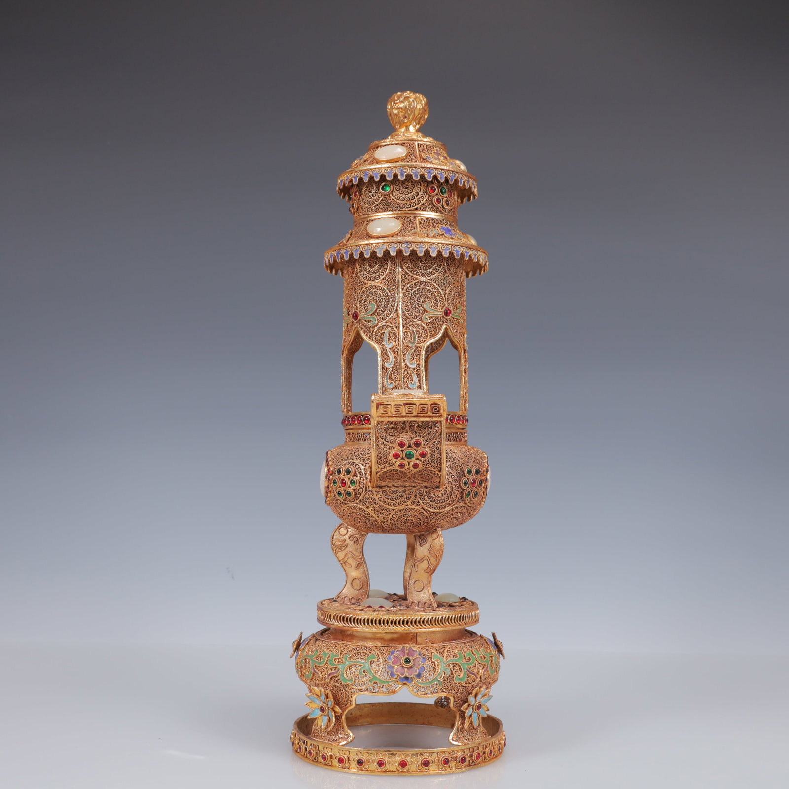An Exquisite Filigree and Gilding Inlaid White Jade Double-Ears and Tripod Censer,Inlaid Gems - 7