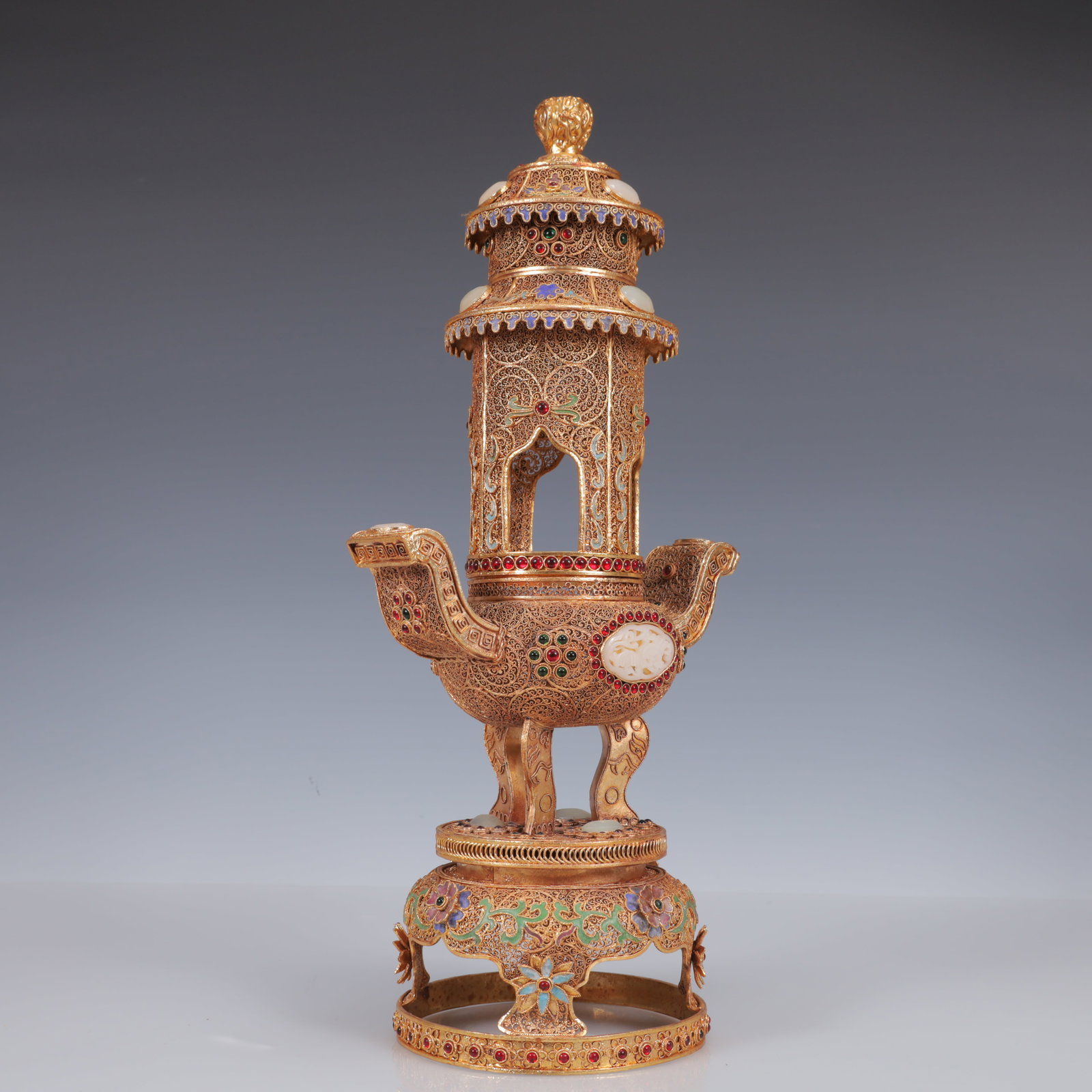 An Exquisite Filigree and Gilding Inlaid White Jade Double-Ears and Tripod Censer,Inlaid Gems - 8