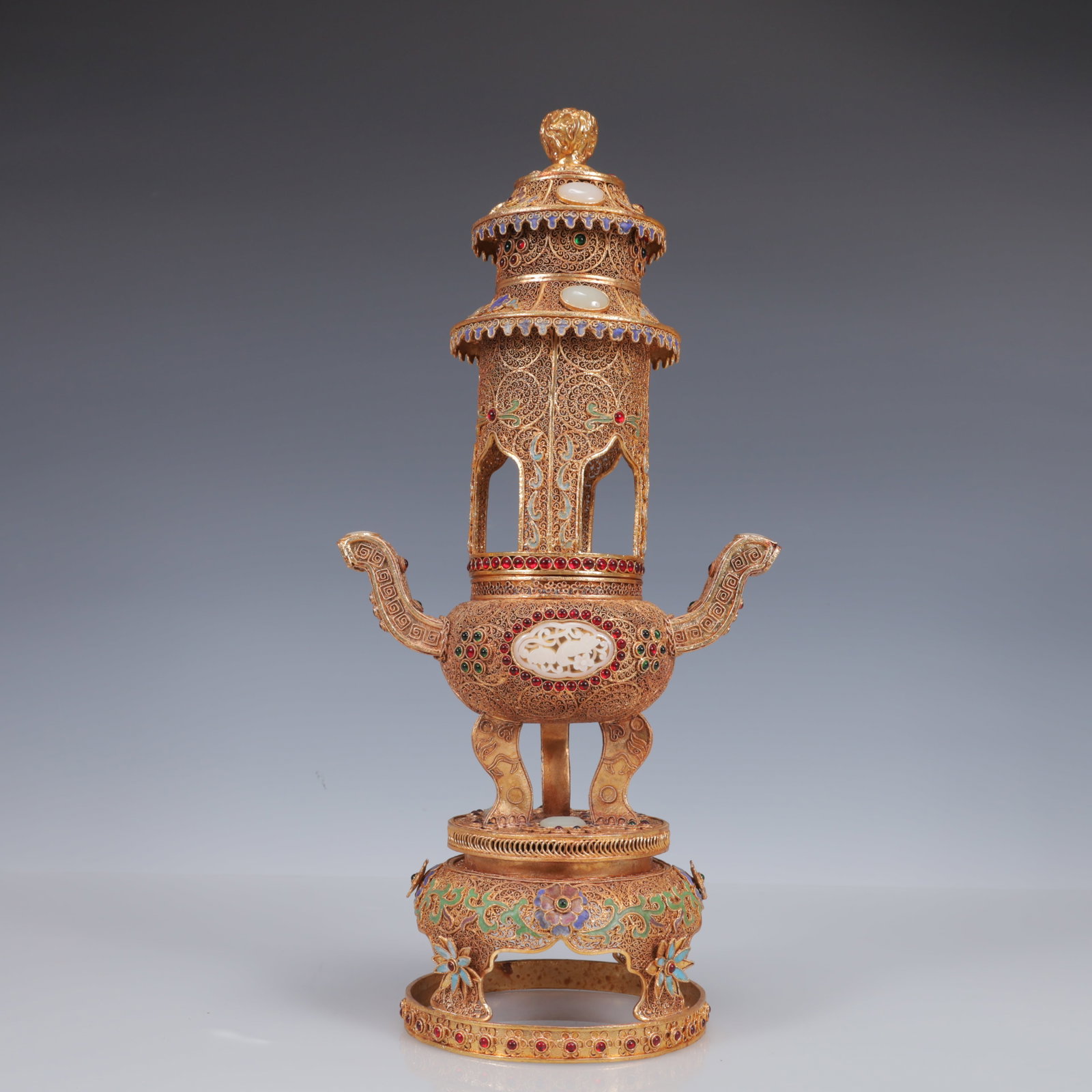 An Exquisite Filigree and Gilding Inlaid White Jade Double-Ears and Tripod Censer,Inlaid Gems - 9