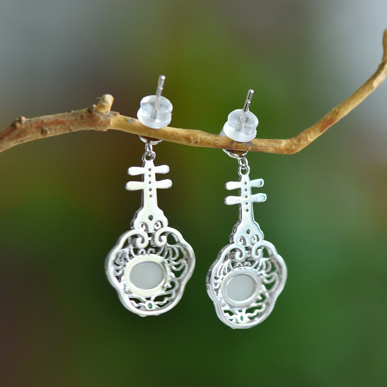 A Pair of Exquisite Sterling Silver Inlaid White Jade Earrings,Inlaid Diamonds - 5