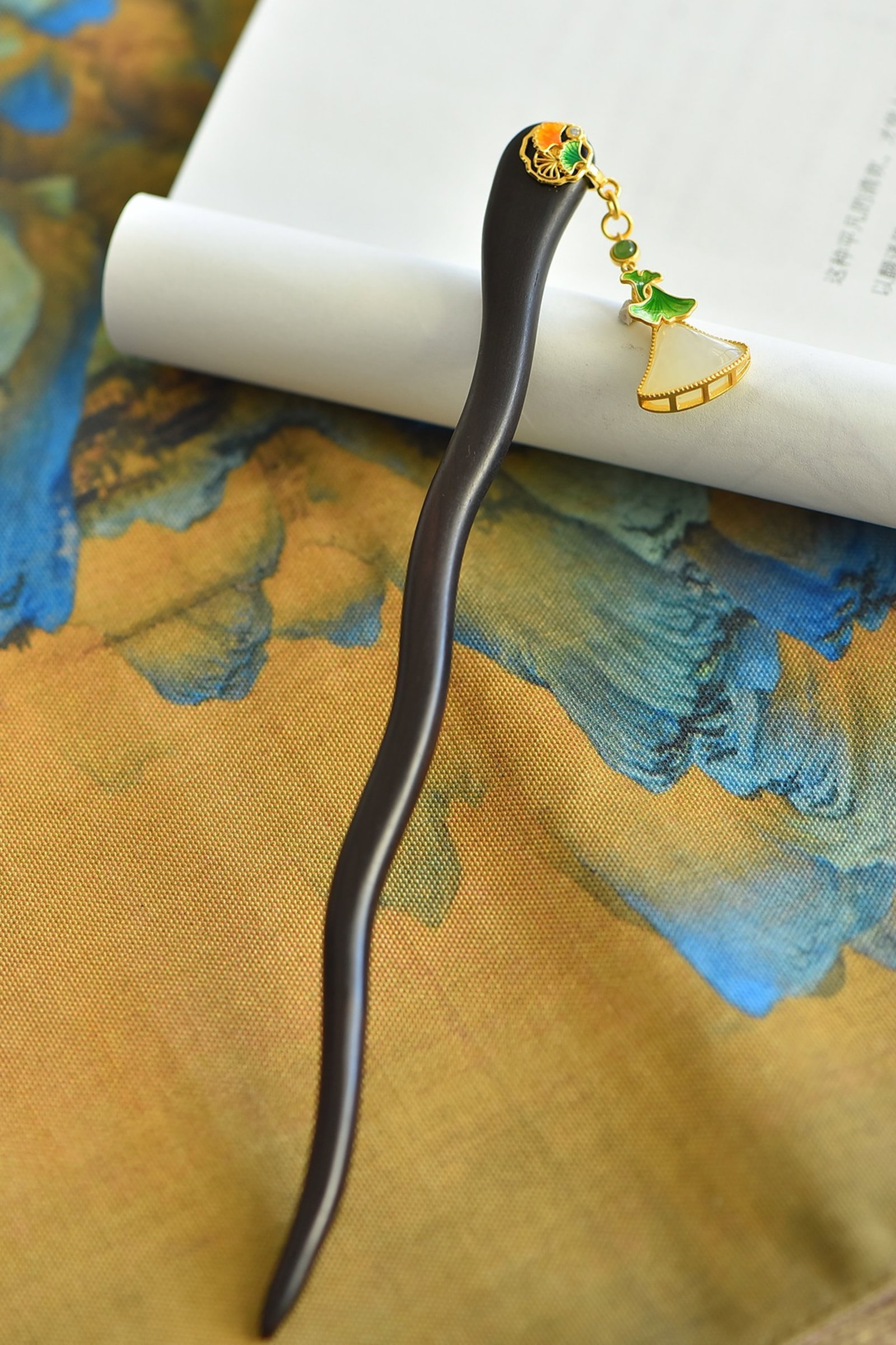 An Exquisite Sterling Silver-Gold Plated Inlaid White Jade Ebony Hairpin - 2