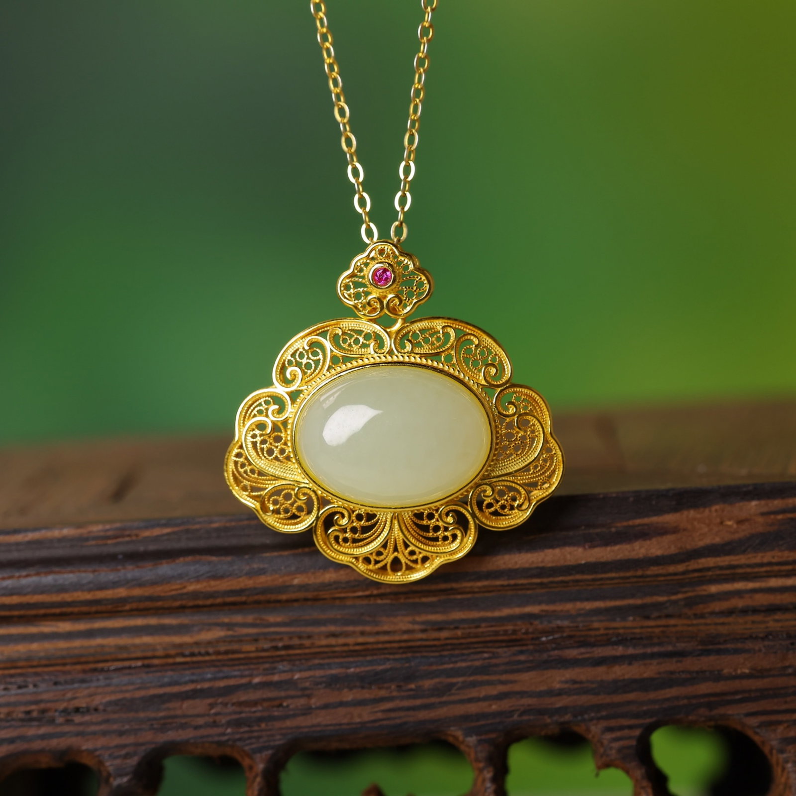 An Exquisite Sterling Silver-Gold Plated Inlaid White Jade Pendant - 2