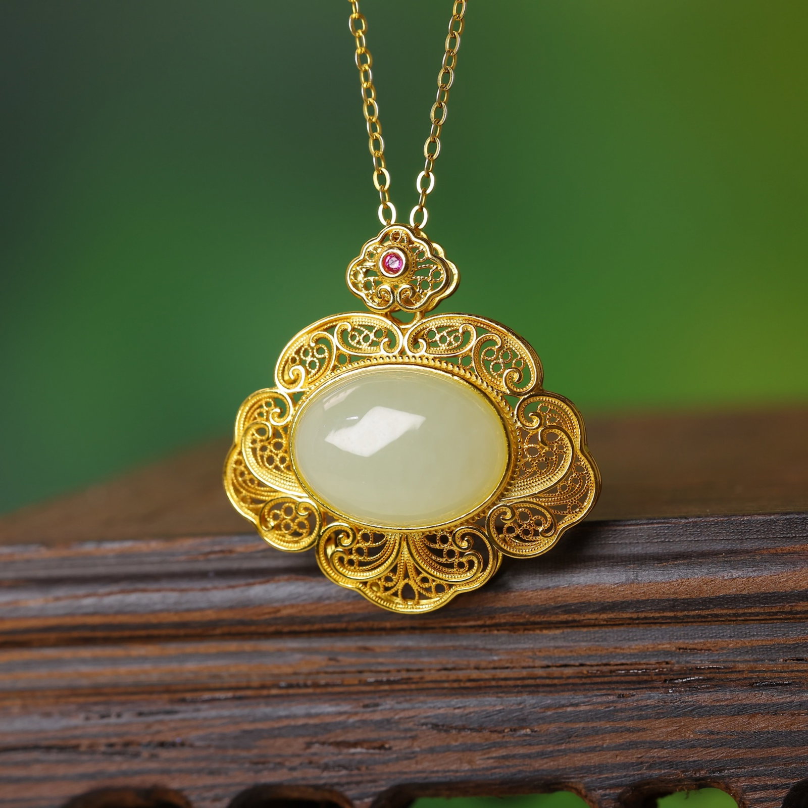 An Exquisite Sterling Silver-Gold Plated Inlaid White Jade Pendant - 3