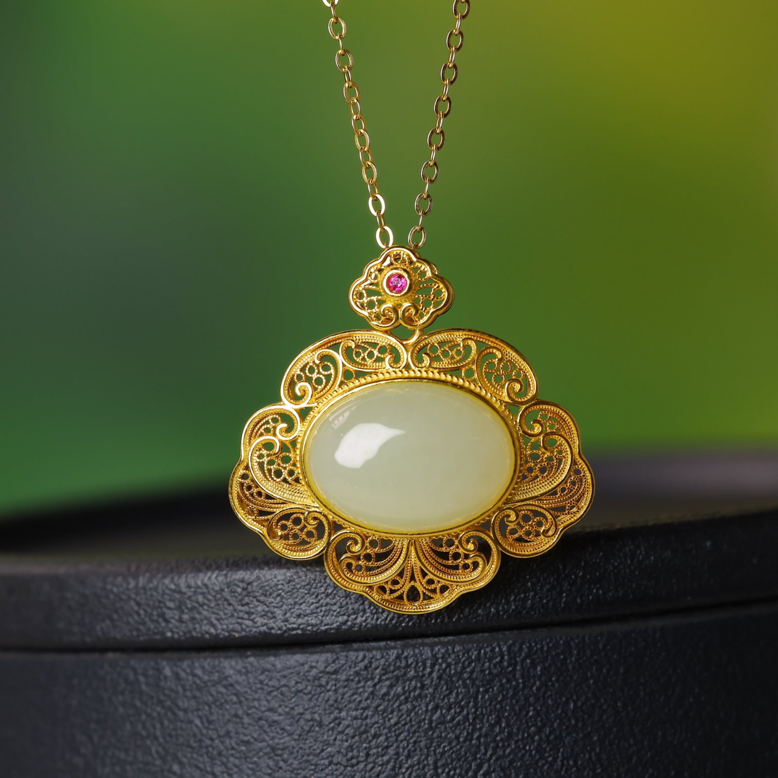 An Exquisite Sterling Silver-Gold Plated Inlaid White Jade Pendant - 5