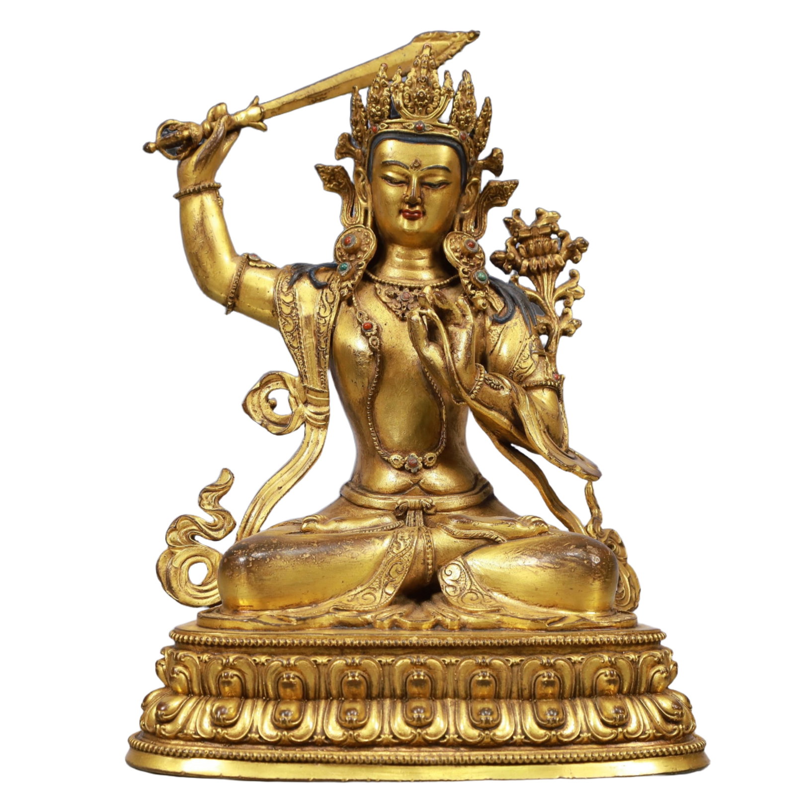 A Solemn Gilt Bronze Statue of Manjusri: Estimated Value:6400-12800 A Solemn Gilt Bronze Statue of Manjusri, Qing Dynasty, China, Size:7.1inx4.3inx9.3in, Weight:1950g