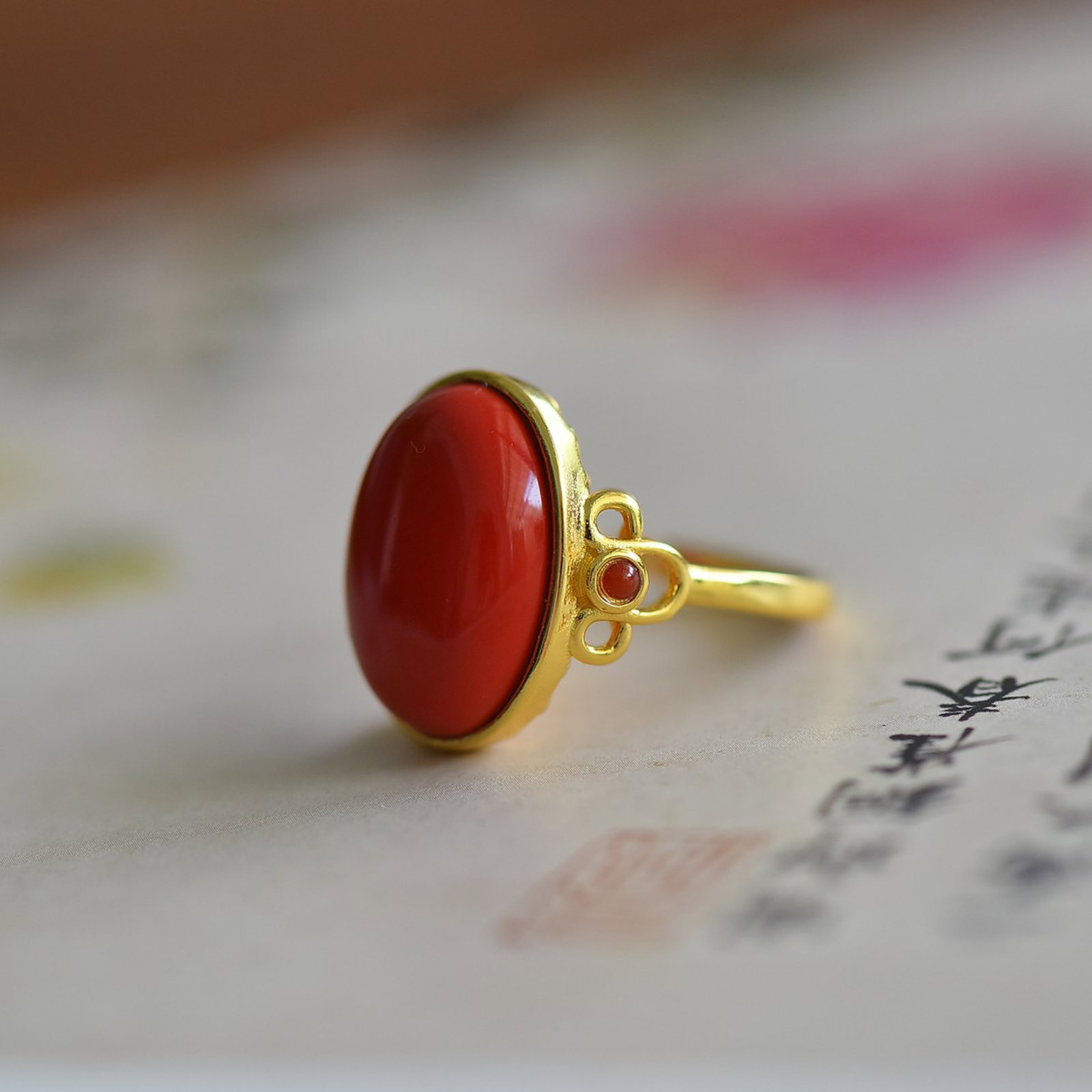 An Exquisite Sterling Silver-Gold Plated Inlaid Cinnabar Ring - 4