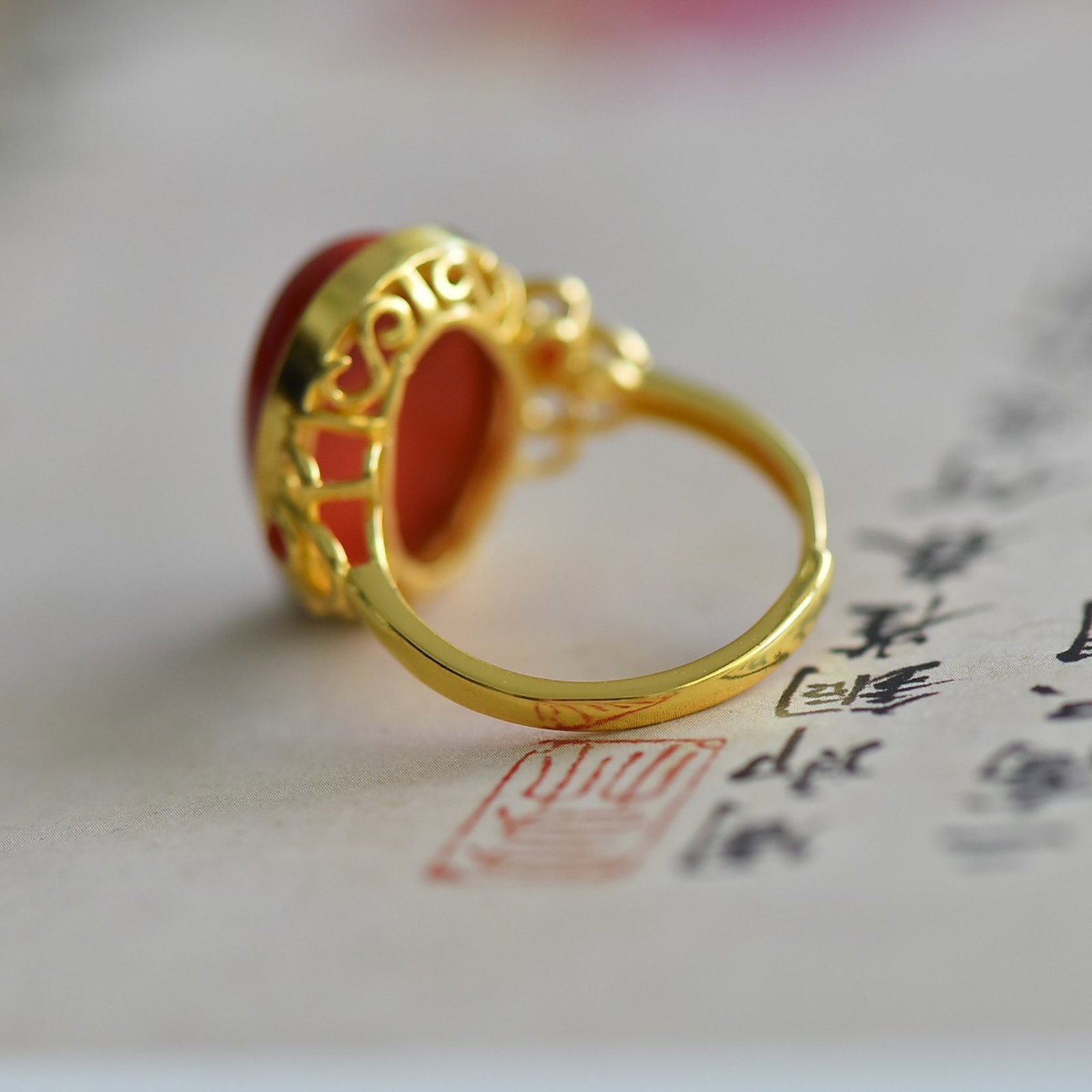 An Exquisite Sterling Silver-Gold Plated Inlaid Cinnabar Ring - 5