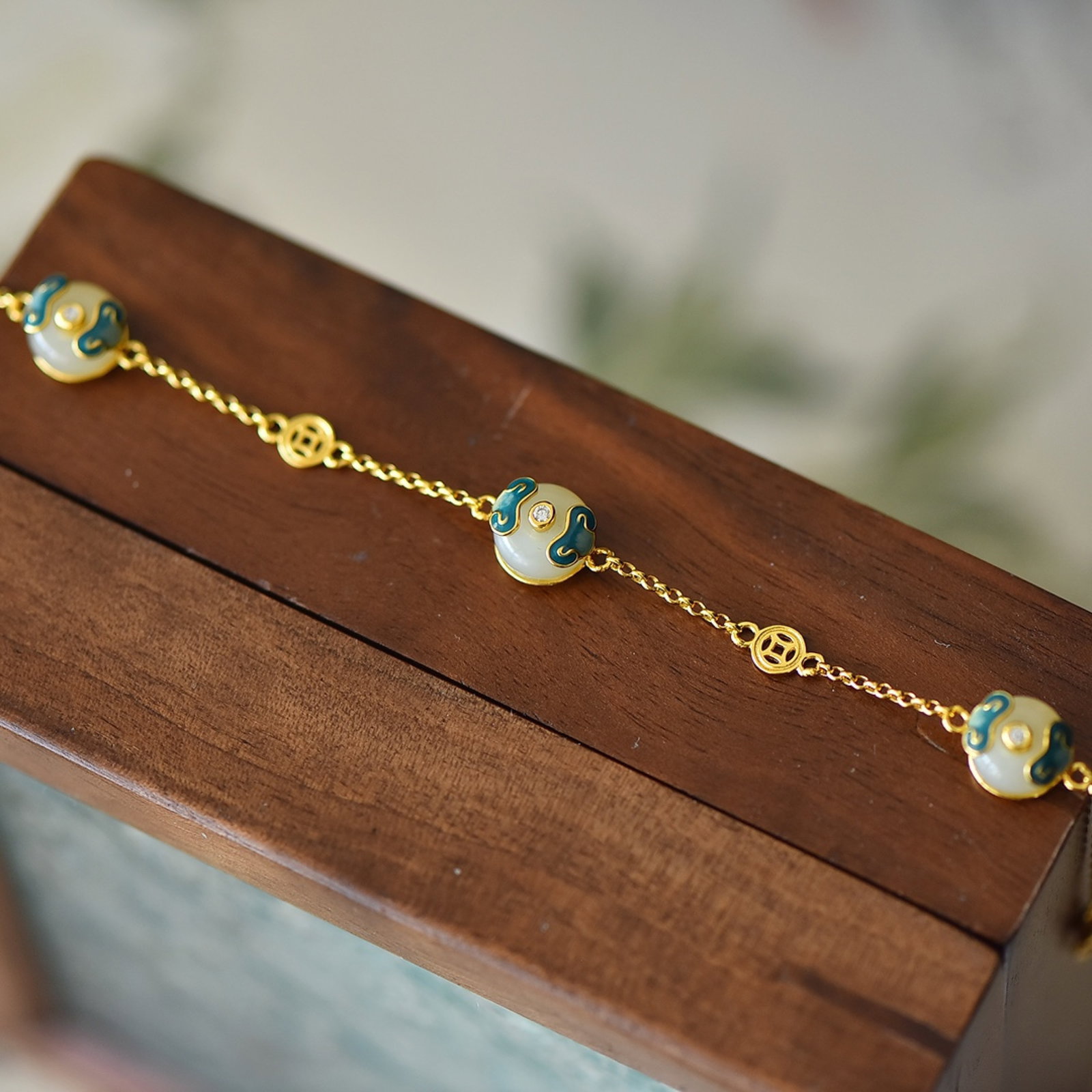 An Exquisite Sterling Silver-Gold Plated Inlaid White Jade Enamel Bracelet - 2