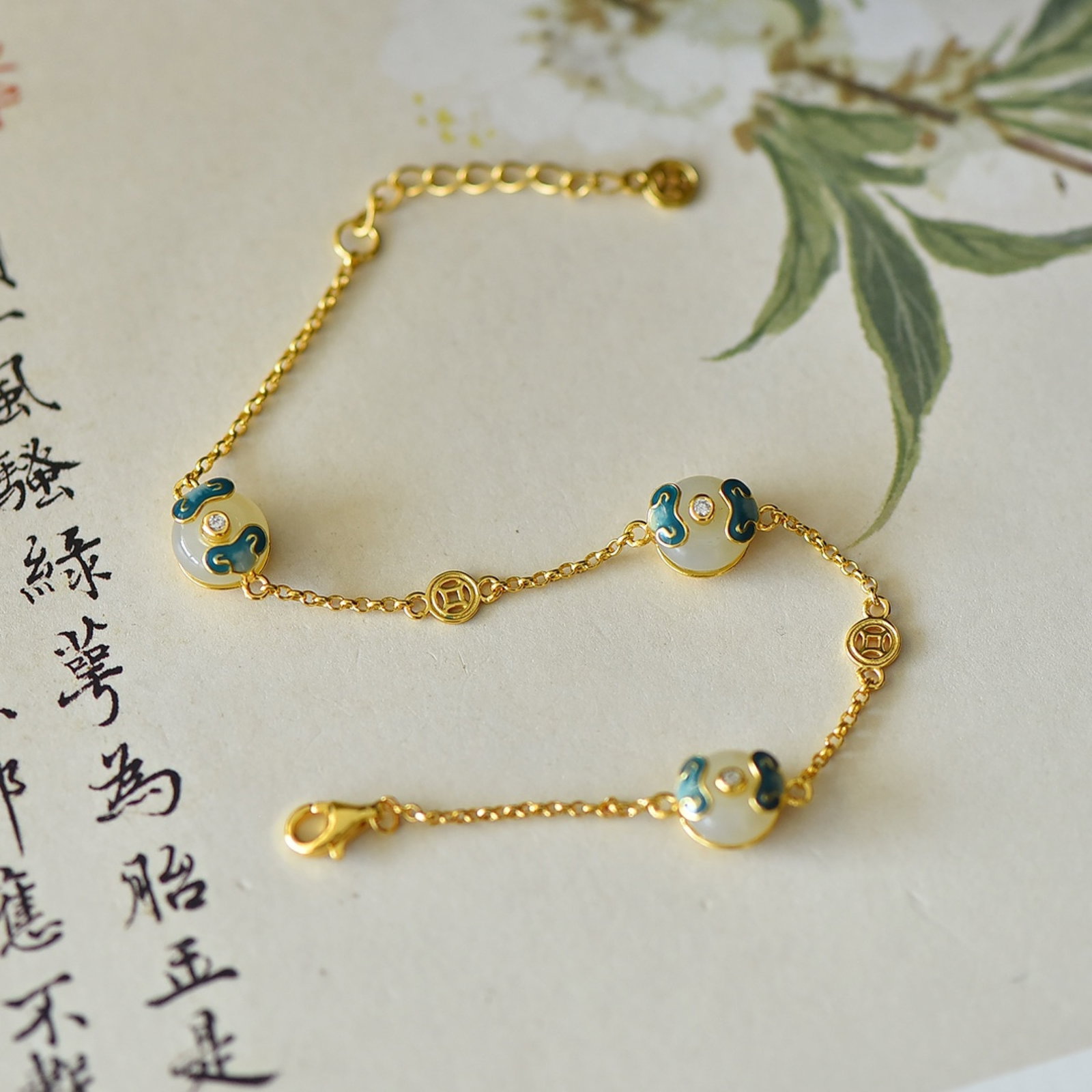 An Exquisite Sterling Silver-Gold Plated Inlaid White Jade Enamel Bracelet - 4