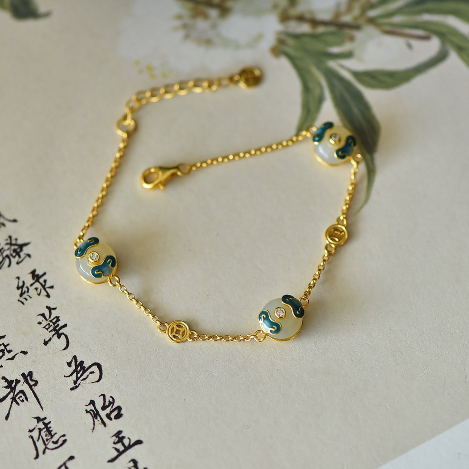 An Exquisite Sterling Silver-Gold Plated Inlaid White Jade Enamel Bracelet - 5