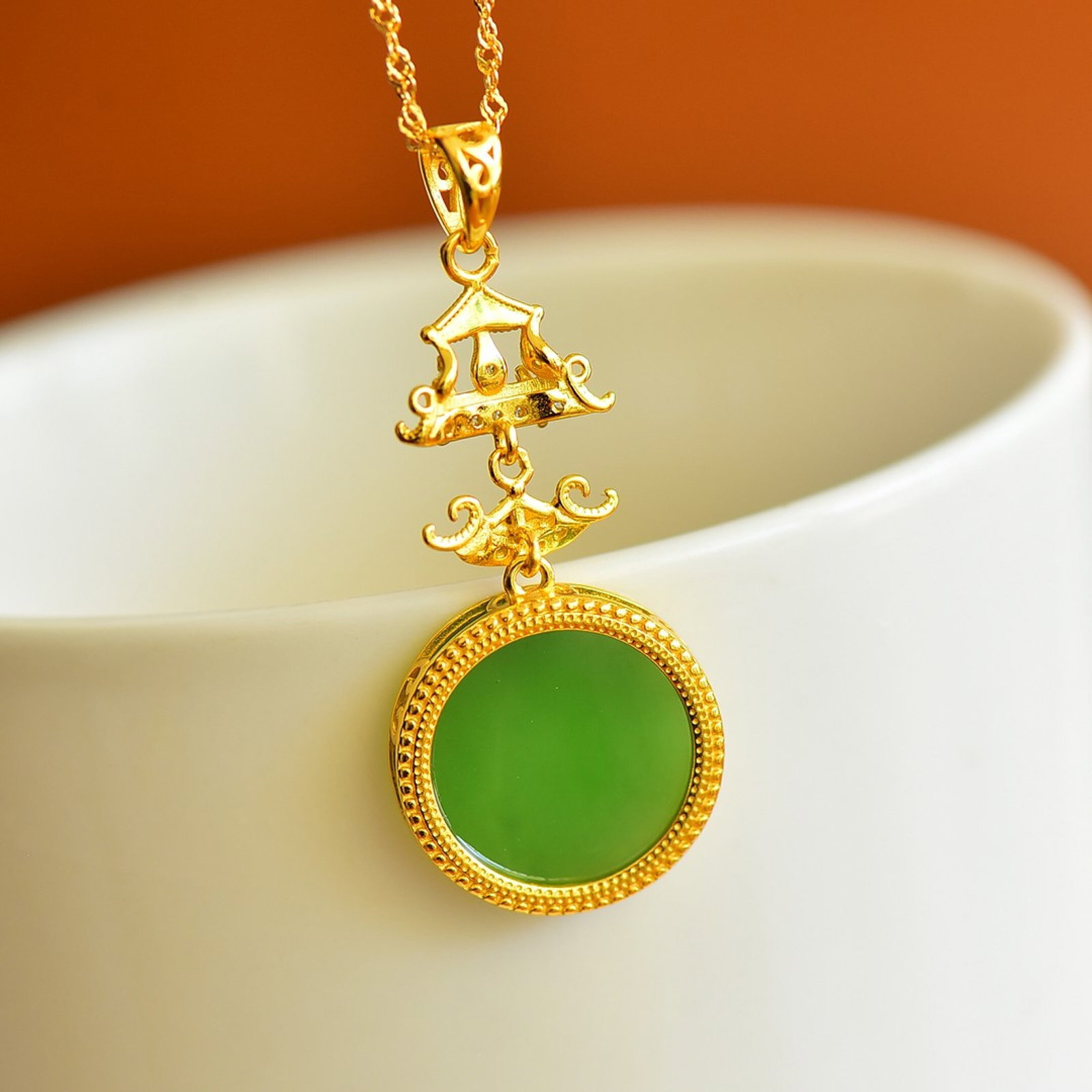 An Exquisite Sterling Silver-Gold Plated Inlaid Jasper Pendant,Inlaid Diamonds - 5