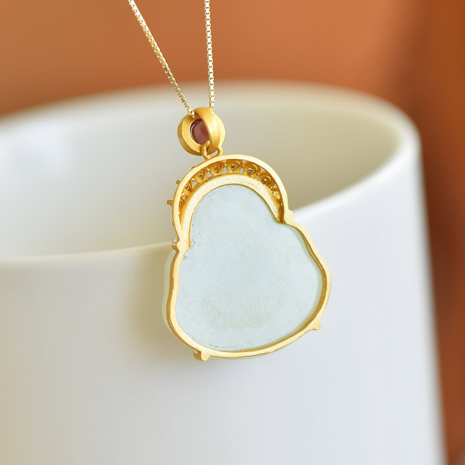 An Exquisite Sterling Silver-Gold Plated Inlaid White Jade Pendant - 2