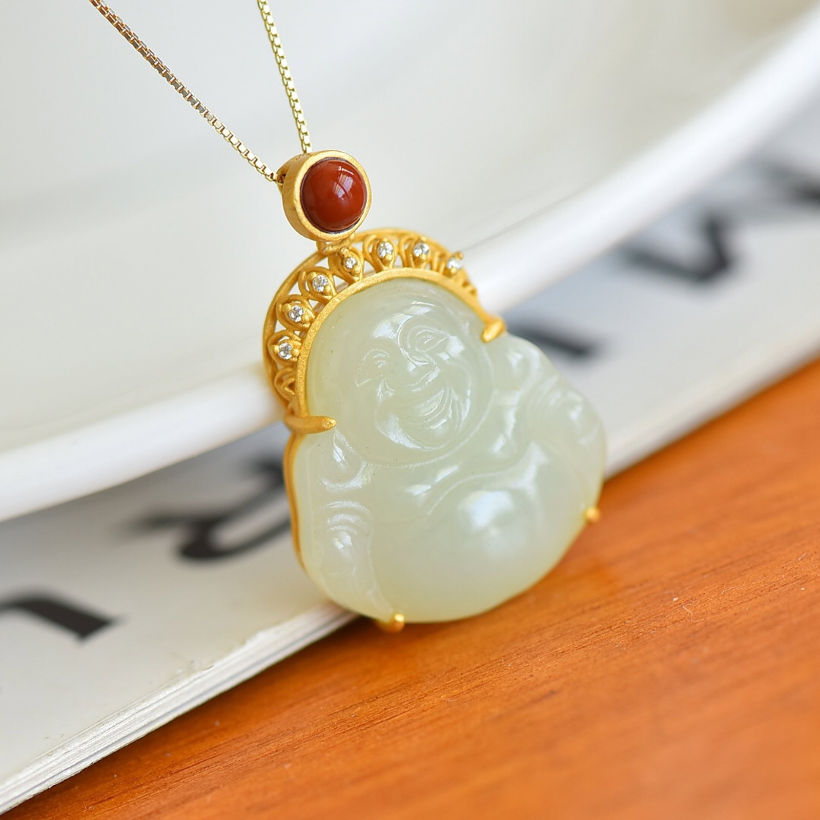 An Exquisite Sterling Silver-Gold Plated Inlaid White Jade Pendant - 4