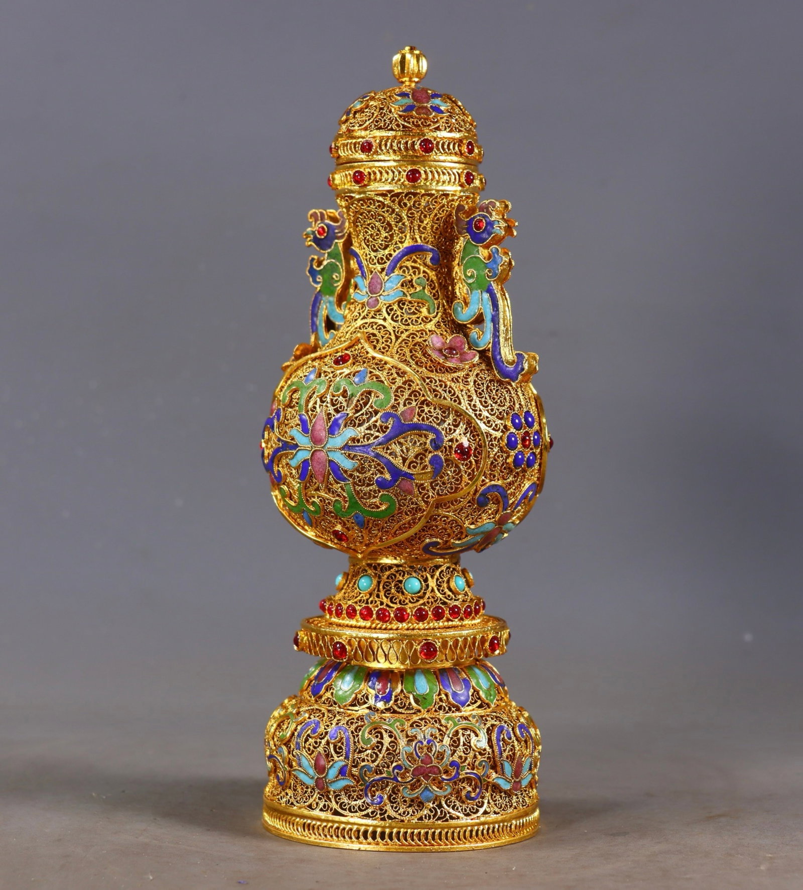 An Exquisite Filigree and Gilding Lotus Pattern Double-Ears Bottle,Inlaid Turquoise and Gems - 2