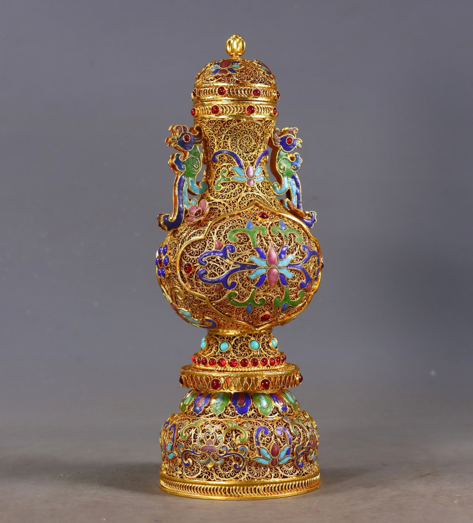 An Exquisite Filigree and Gilding Lotus Pattern Double-Ears Bottle,Inlaid Turquoise and Gems - 3
